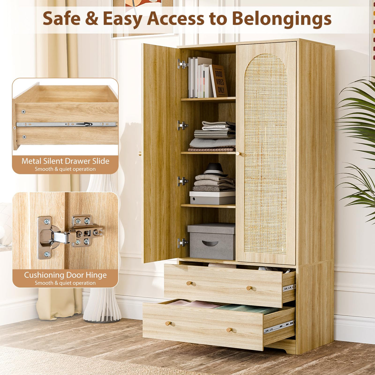 Rattan Wardrobe Armoire with Drawers