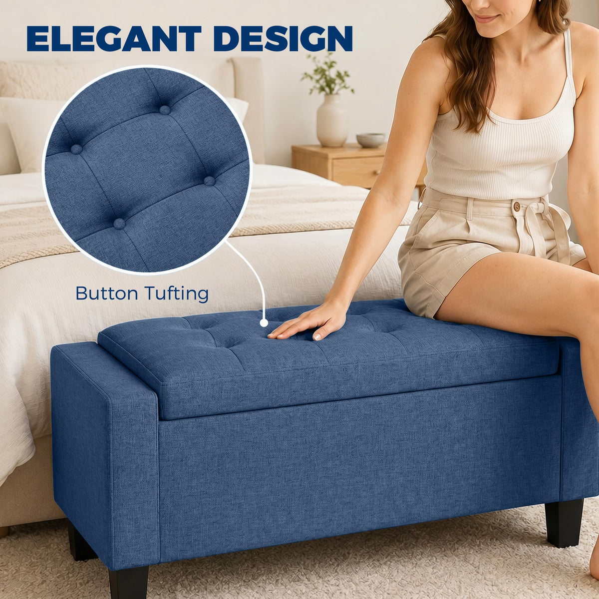 Blue Tufted Storage Ottoman Bench