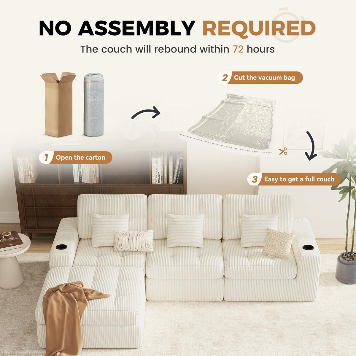 112" L Shaped Cloud Boneless Couch,Modern Modular Sectional Sofa with Layered Cushion,No Assembly Convertible Corduroy Couches for Living Room,Beige 1 PCS