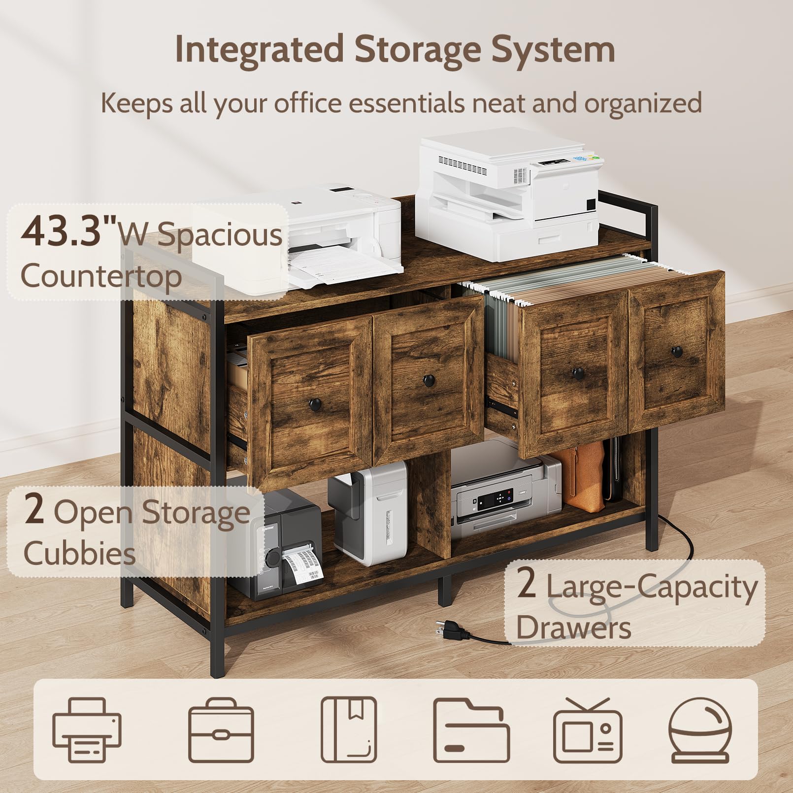 Lateral Filing Cabinet with Power Outlet & Storage Shelves