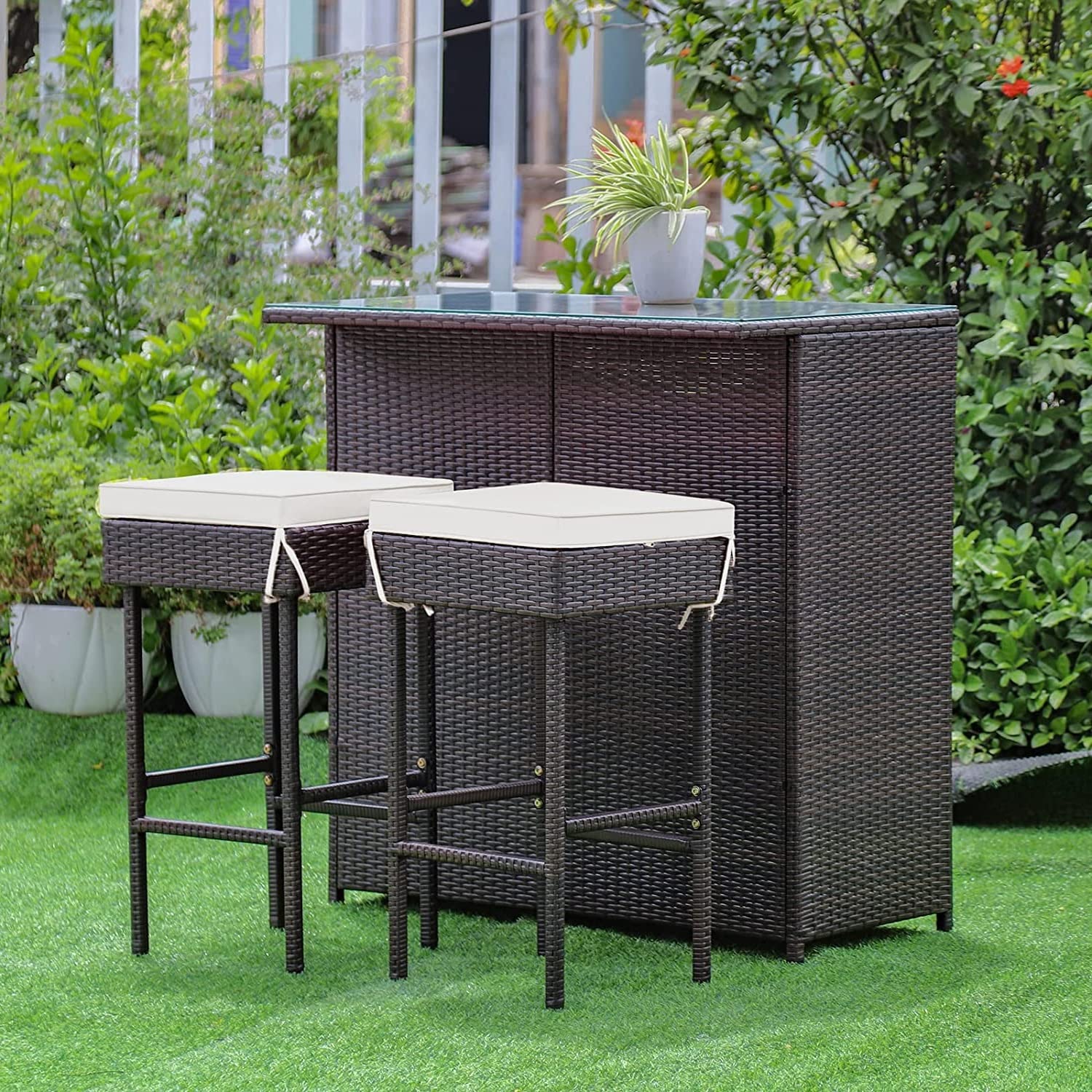 HAPPYGRILL 3-Piece Patio Bar Set Rattan Wicker Bar Stools & Table with Cushions, Storage Shelves, Glass Table Top, for Poolside Garden Balcony Deck Porch