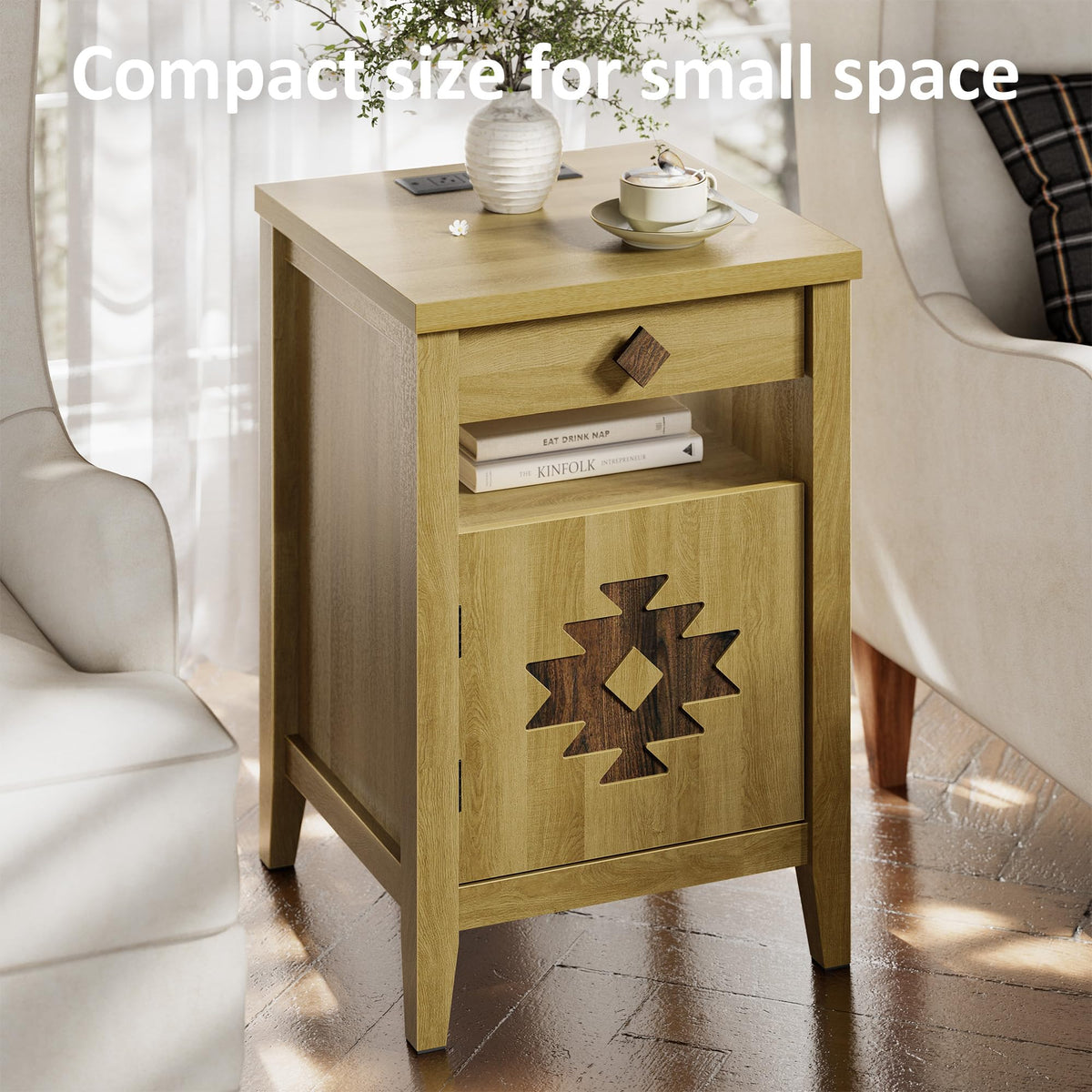 Night Stand Set of 2 with Charging Station and Drawers for Small Space,Wood Nightstand with Storage Cabinet & Drawer & Shelf, Modern and Farmhouse Nightstand for Bedroom,Oak