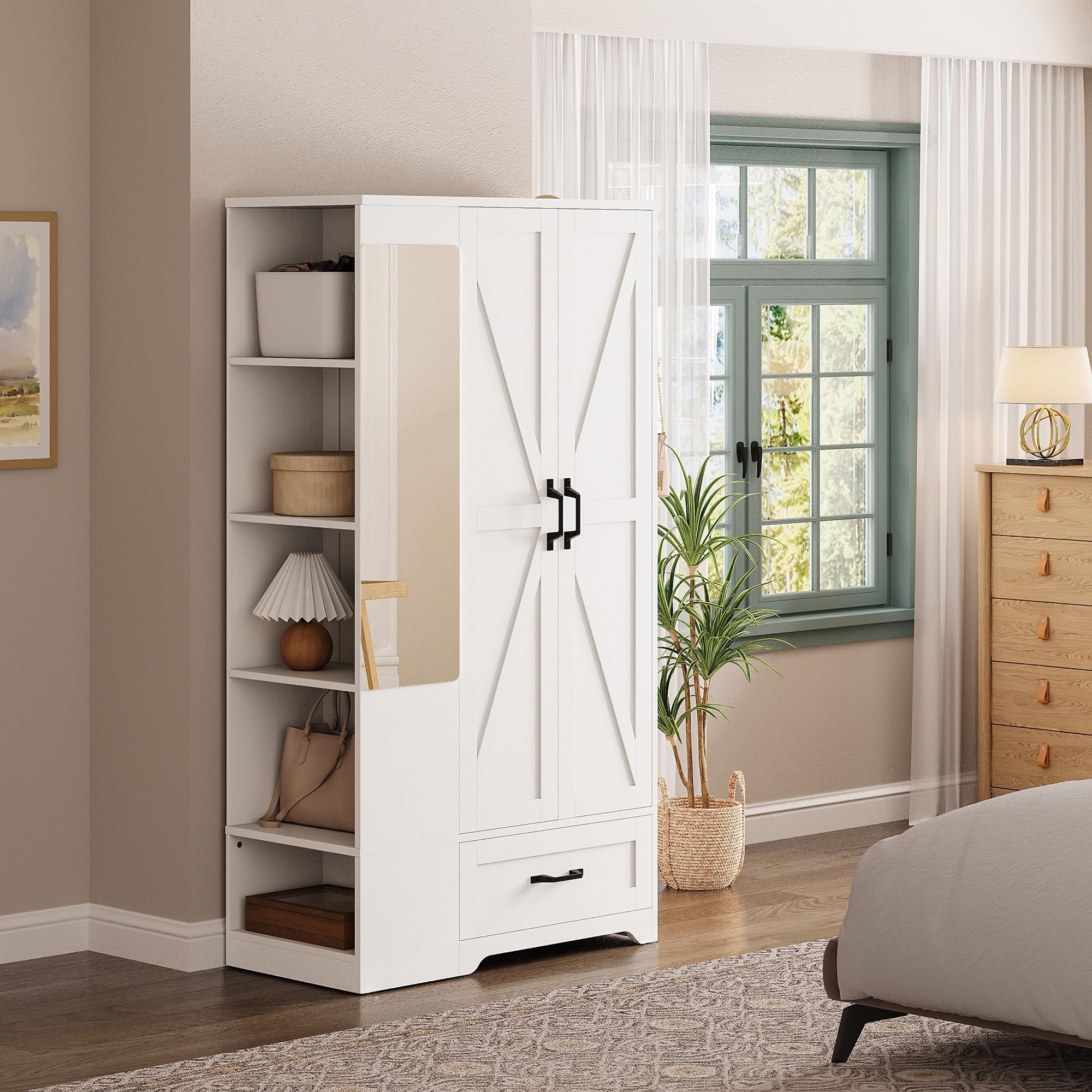 Tall Wardrobe Closet with Mirror & Barn Doors