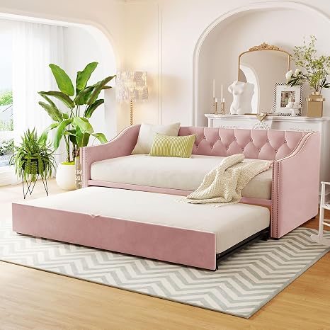 Twin Upholstered Velvet Daybed with Pop-Up Trundle