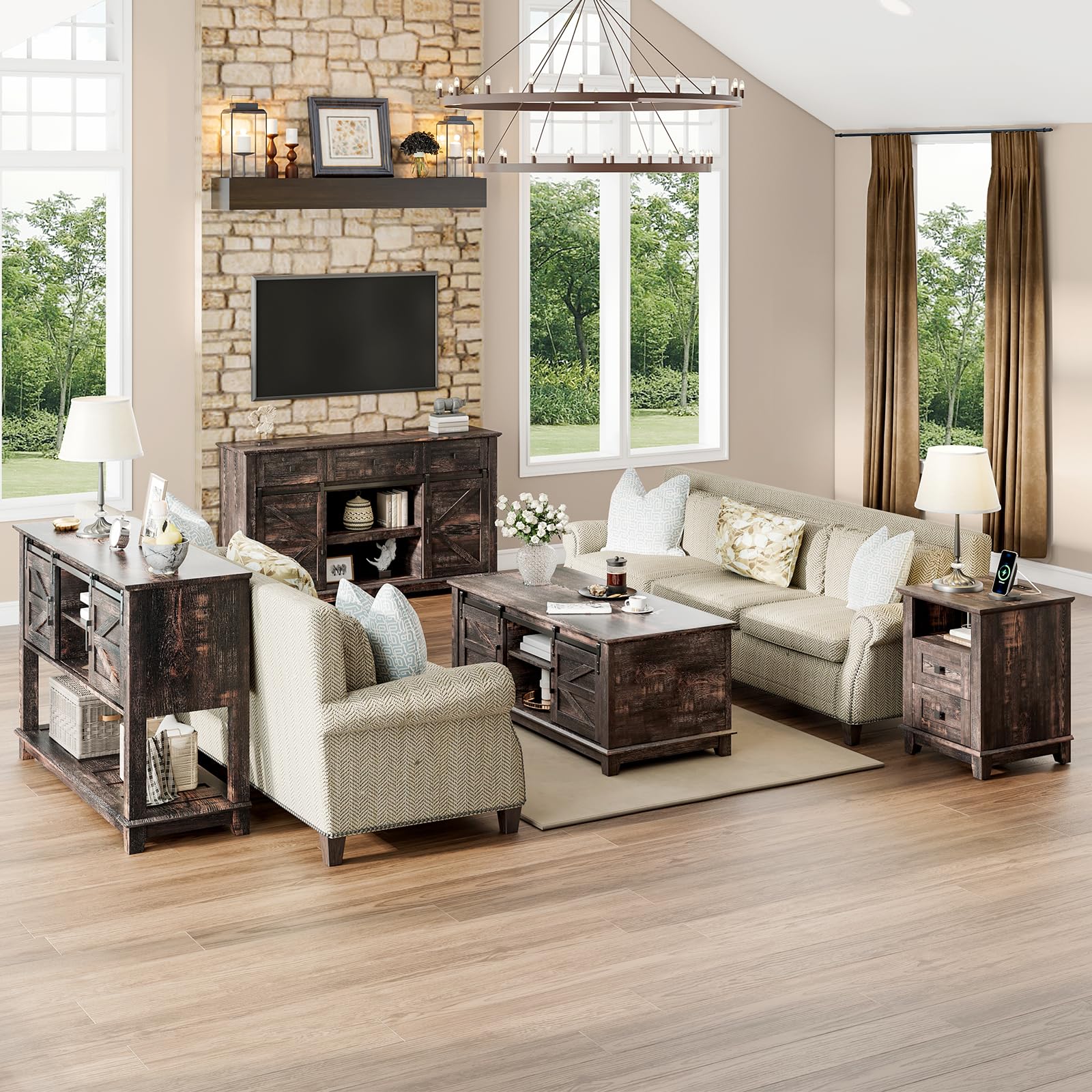 LUXOAK 4 Pieces Farmhouse Living Room Table Sets - Includes 59" Sliding Barn Door TV Stand for 65 in TV, Rustic Coffee Table with Storage, End Tables Set of 2 with Charging Station, Dark Rustic Oak