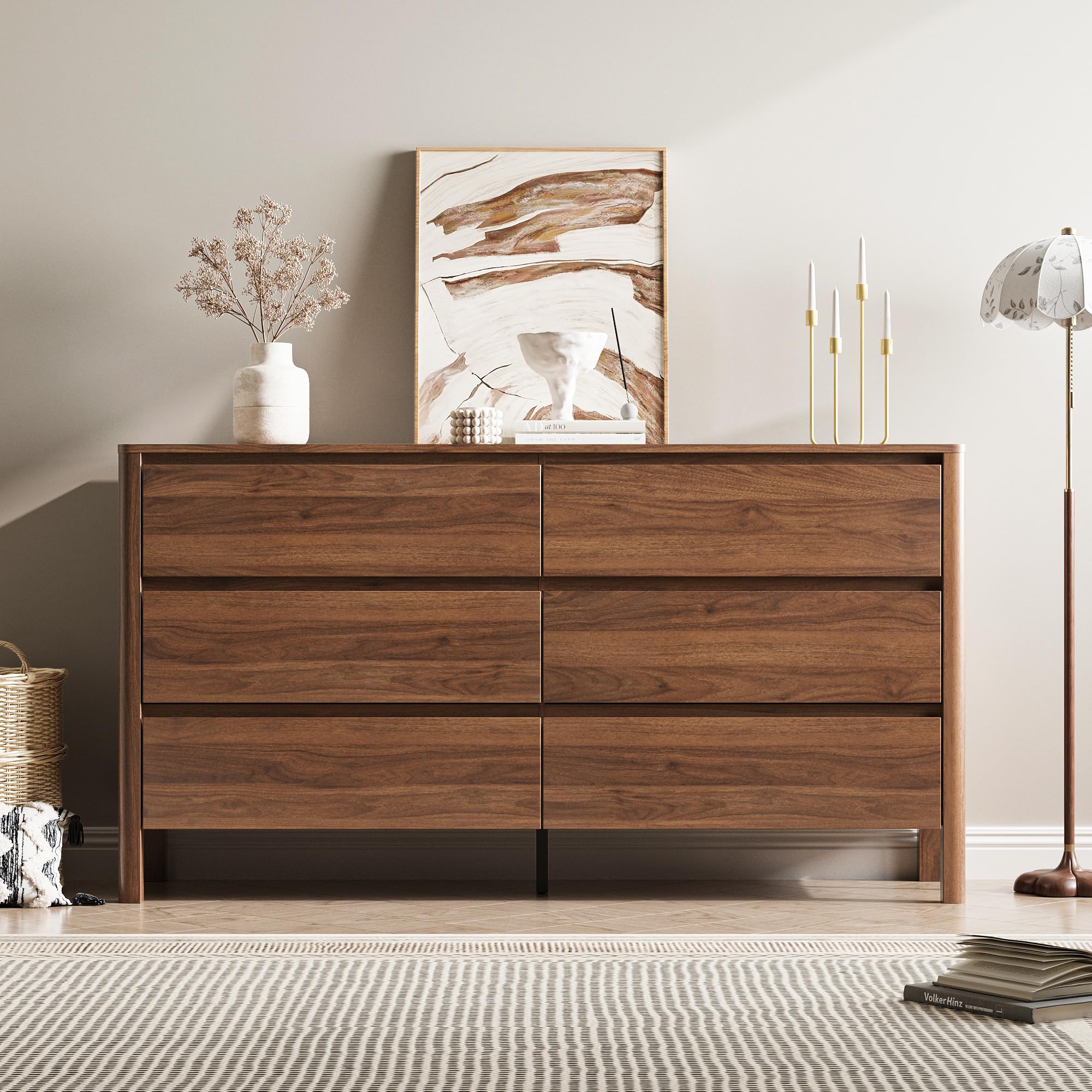 MAISONARIA Walnut Dresser for Bedroom, 55.1" Wide Dresser with 6 Drawers and Hidden Handles, Modern Wood Chest of Drawers for Clothes and Accessories, Stylish Storage Cabinet for Living Room, Entryway