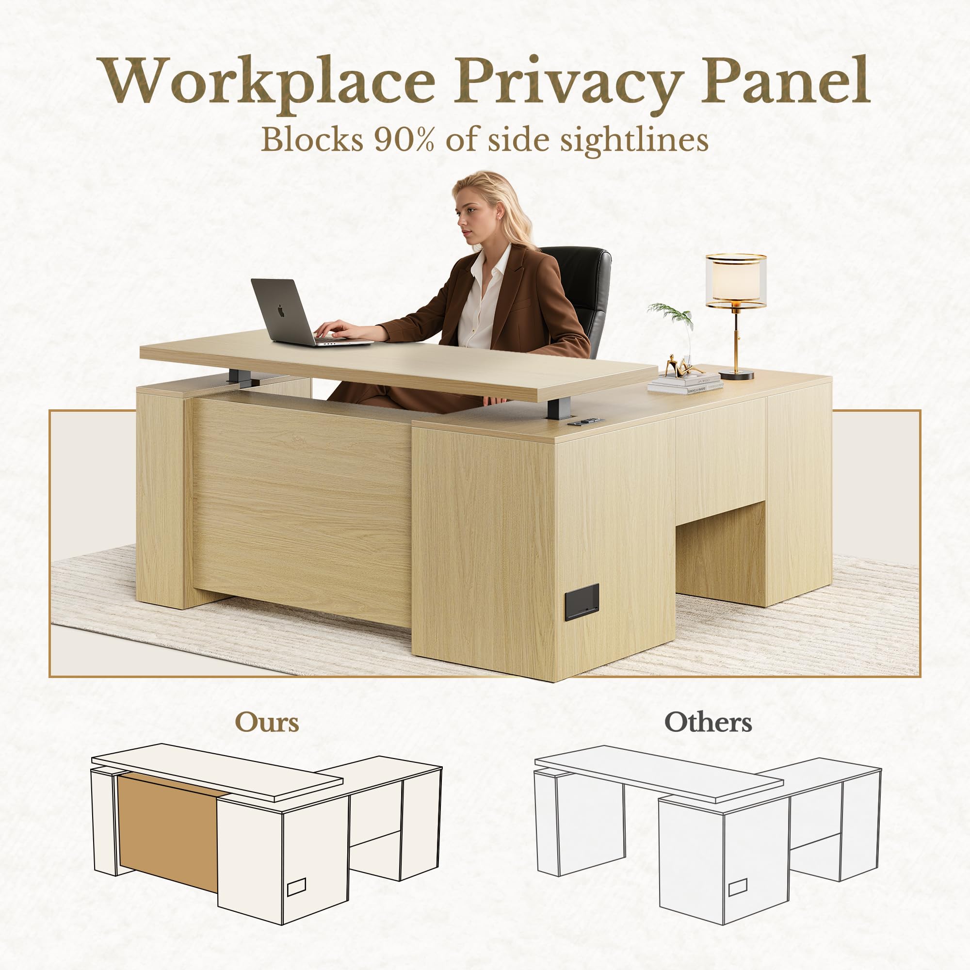 L-Shaped Electric Standing Desk with Corner Bookshelf & File Cabinet