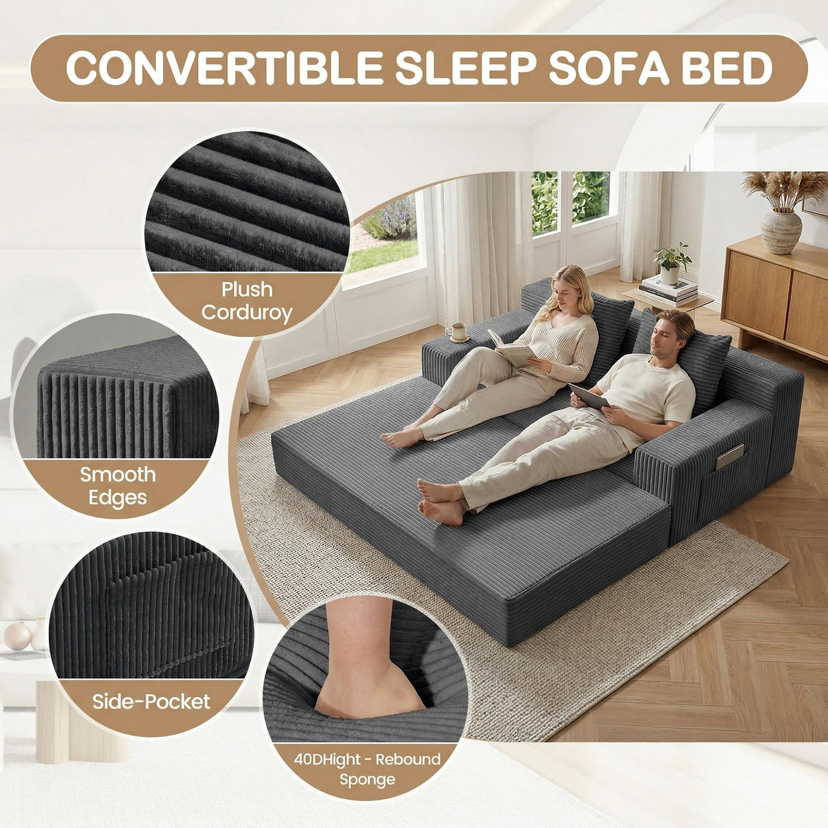 feliz home Boneless Loveseat Small Couch Bed, Futon Sleeper Sofa Bed,Convertible Pull Out Couch with 2 Pillows,Corduroy Folding Floor Couch for Living Room,No Assembly Required,Grey