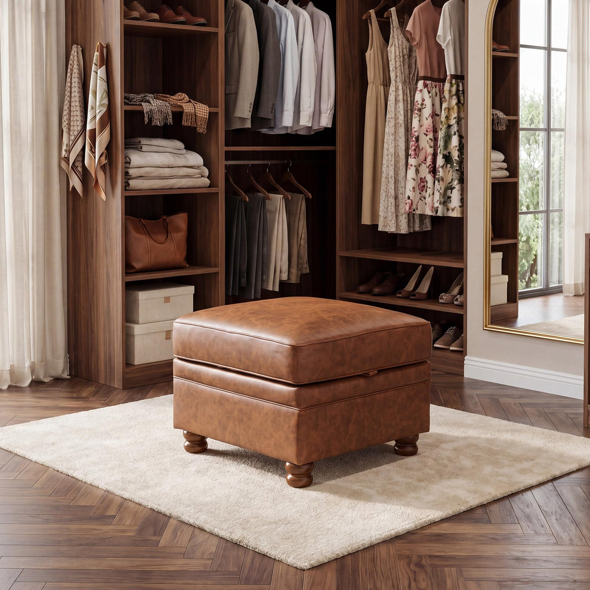 Landassy Home 26" Square Ottoman with Storage, Faux Leather, Caramel