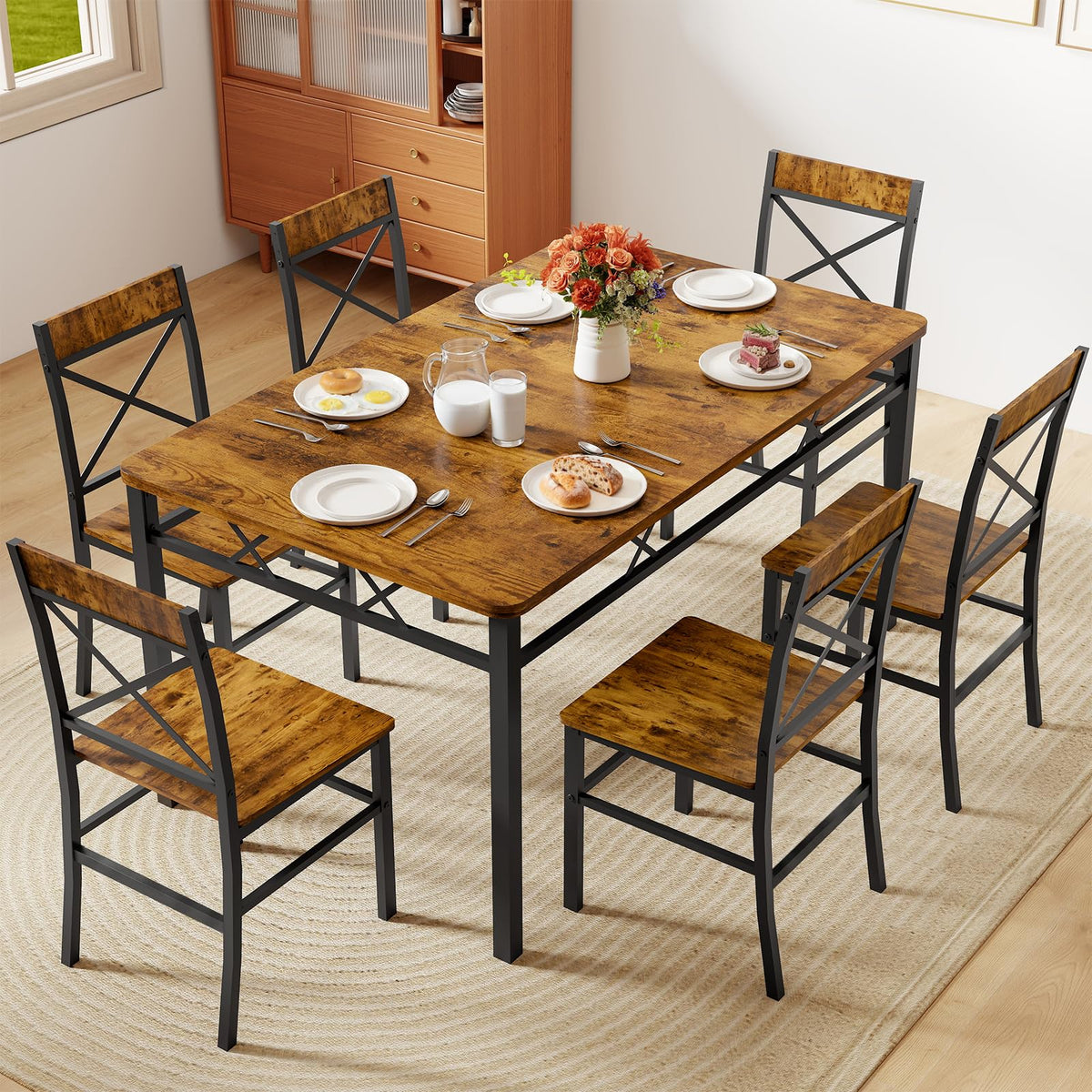 Zevemomo 7-Piece Dining Table Set, Kitchen Table Chairs Set of 6, Brown