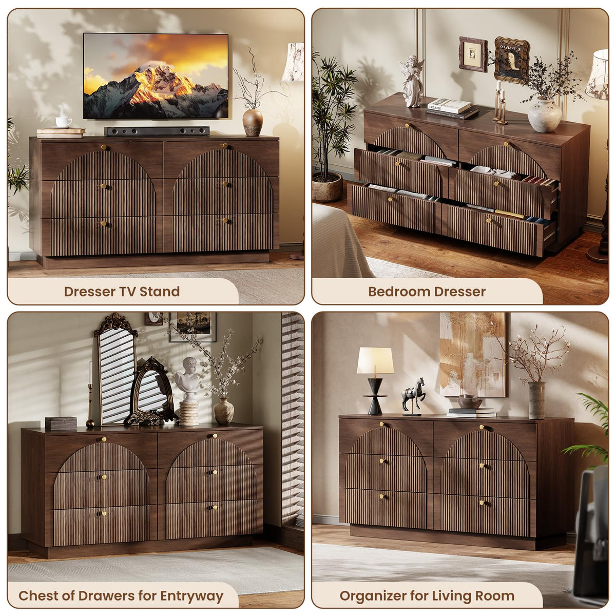 Herihome Arched Fluted Dresser for Bedroom with 6 Drawers 55" Wide Walnut