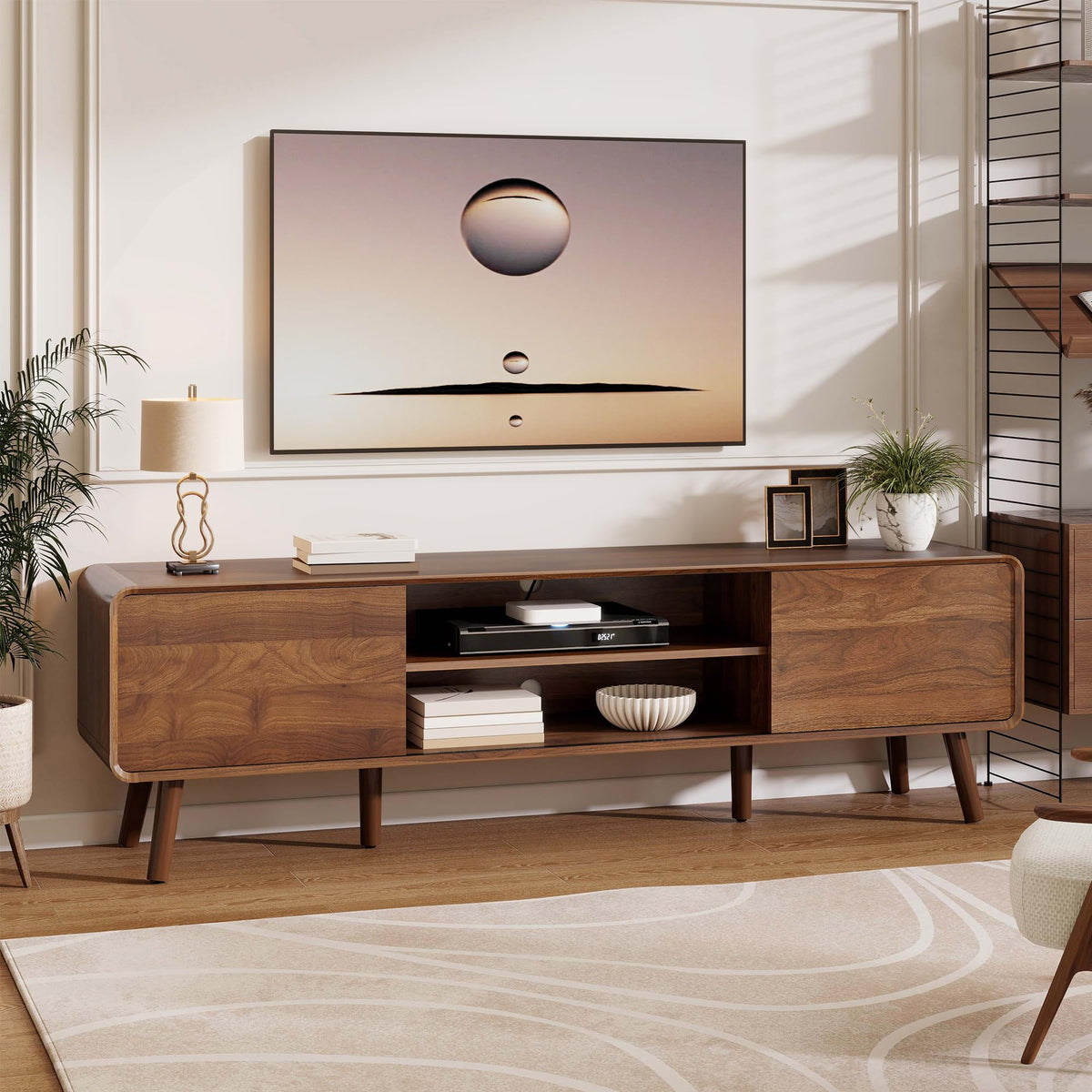 Nasonet 70" Mid Century Modern TV Stand for Tvs up to 80", Entertainment Center with Storage, Sideboard Media Console for Living Room with 2 Sliding Door/Adjustable Shelves, Walnut