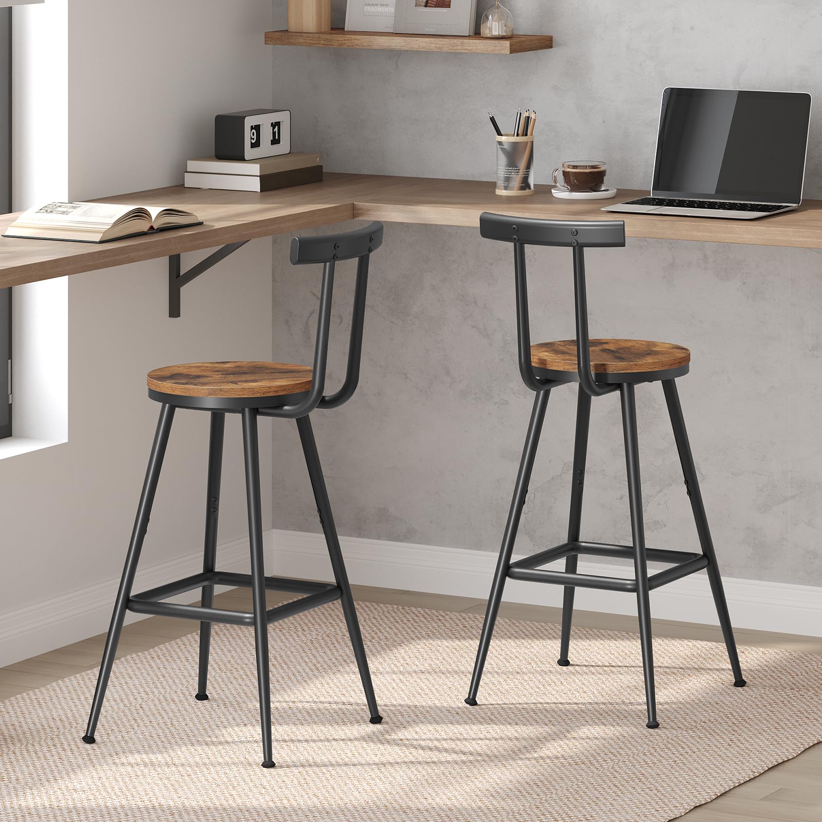 Bar Stools Set of 2 with Backrest & Footrest, 26" Counter Height