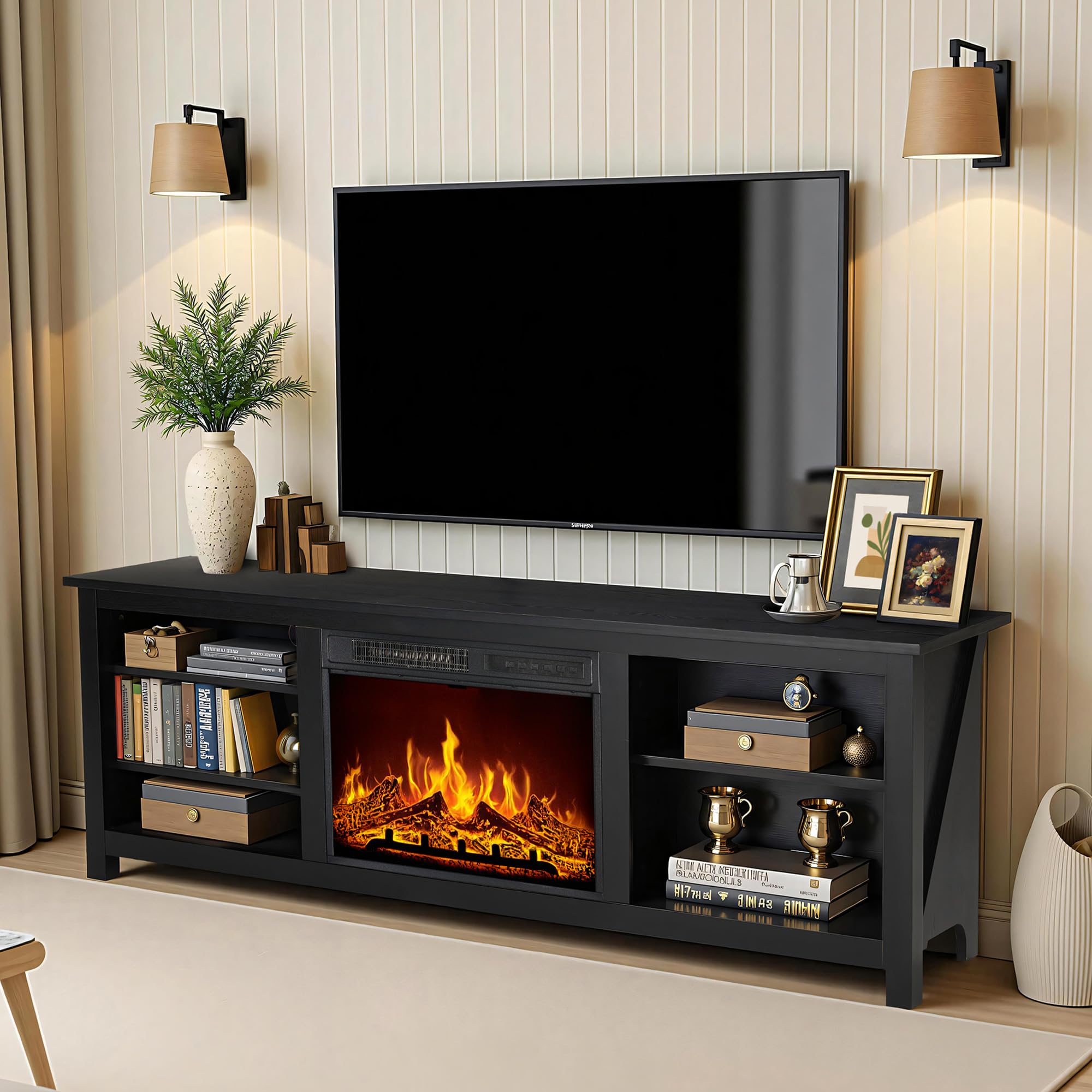 70" Fireplace TV Stand with 23" Electric Fireplace & 3 Shelves