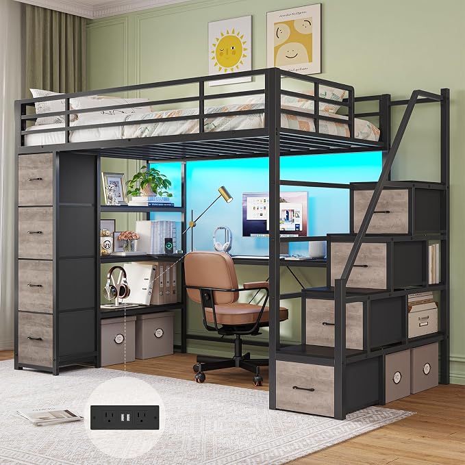 Twin Loft Bed with Desk and Storage Stairs