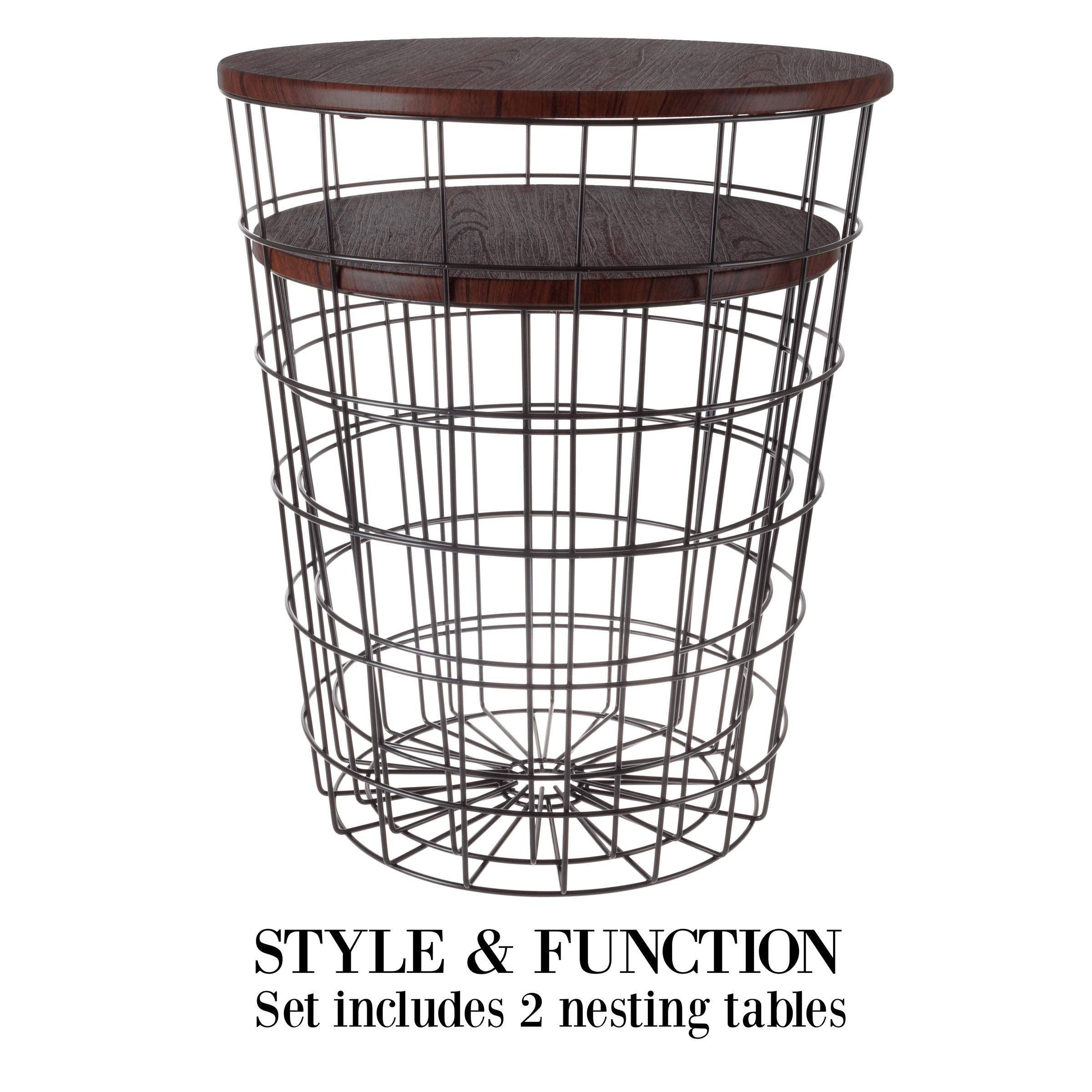 Nesting Side Tables Set of 2 with Wood Tops & Wire Baskets