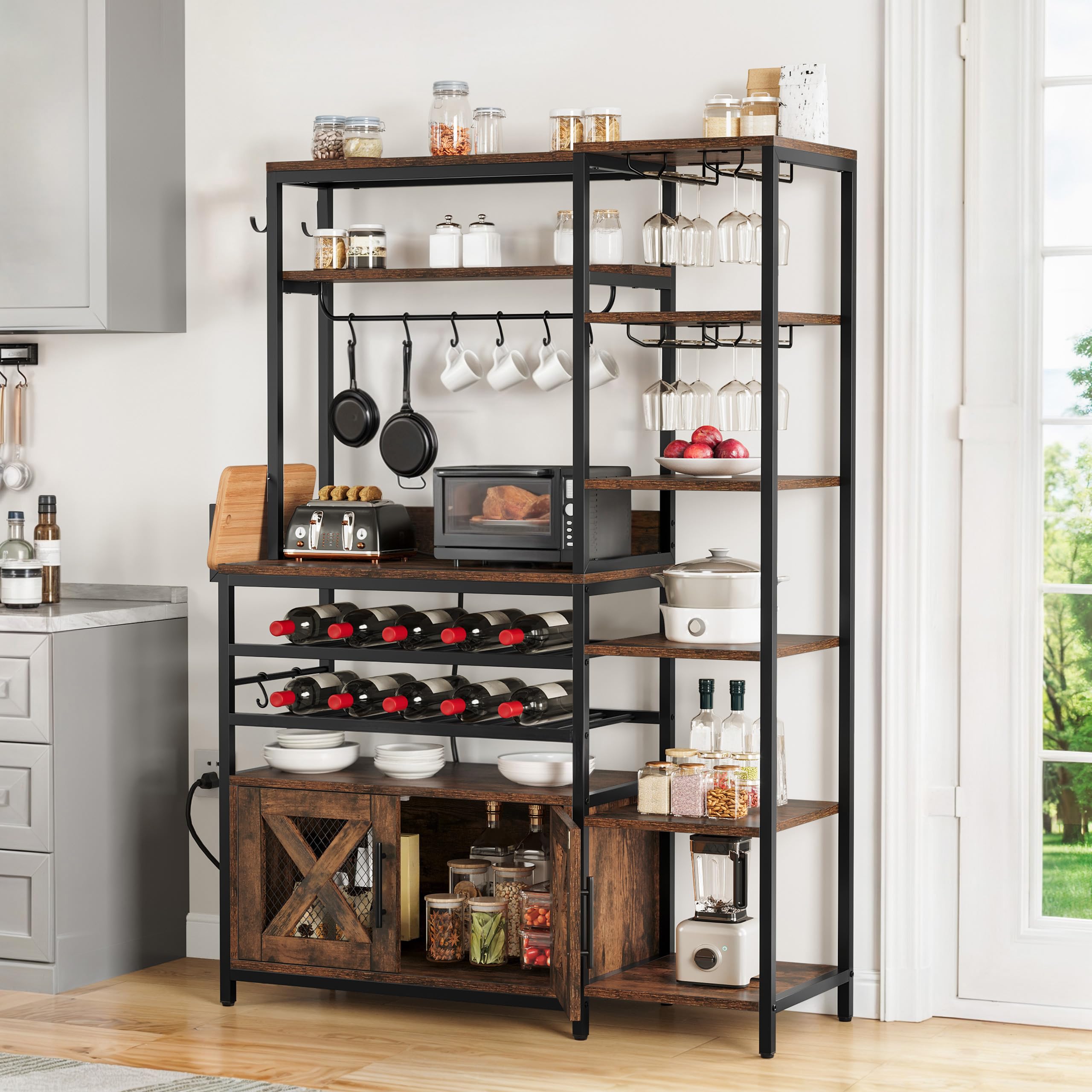 6-Tier L-Shaped Bar Cabinet with Wine Rack & Power Outlet