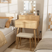 BOLUO Small Vanity Desk with Hollywood Mirror and Lights, Girls Vanity with Stool, Fluted Vanity Set, Compact Make Up Table with Drawers and Outlet Bedroom