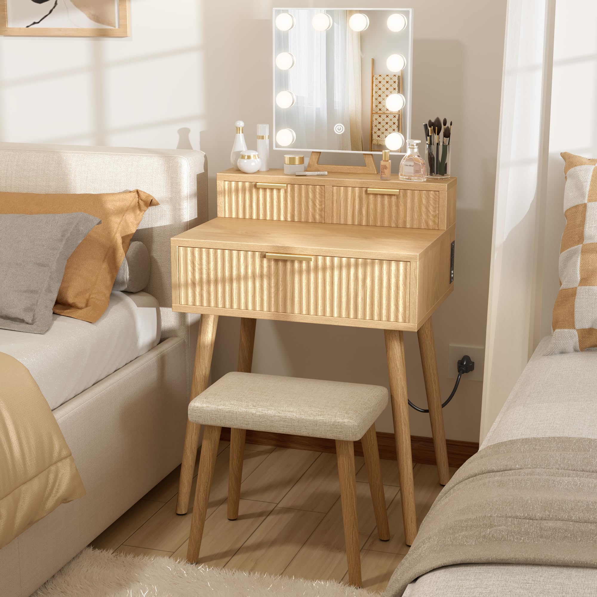 BOLUO Small Vanity Desk with Hollywood Mirror and Lights, Girls Vanity with Stool, Fluted Vanity Set, Compact Make Up Table with Drawers and Outlet Bedroom