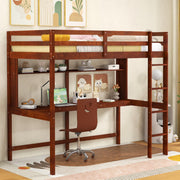KOMFOTT Twin Loft Bed with Desk, Wood Loft Beds for Kids with Ladder, Solid Pine Wood Frame & Safety Guardrails, No Box Spring Needed, Space-Saving High Loft Bed Frame for Home, Dorm, Brown