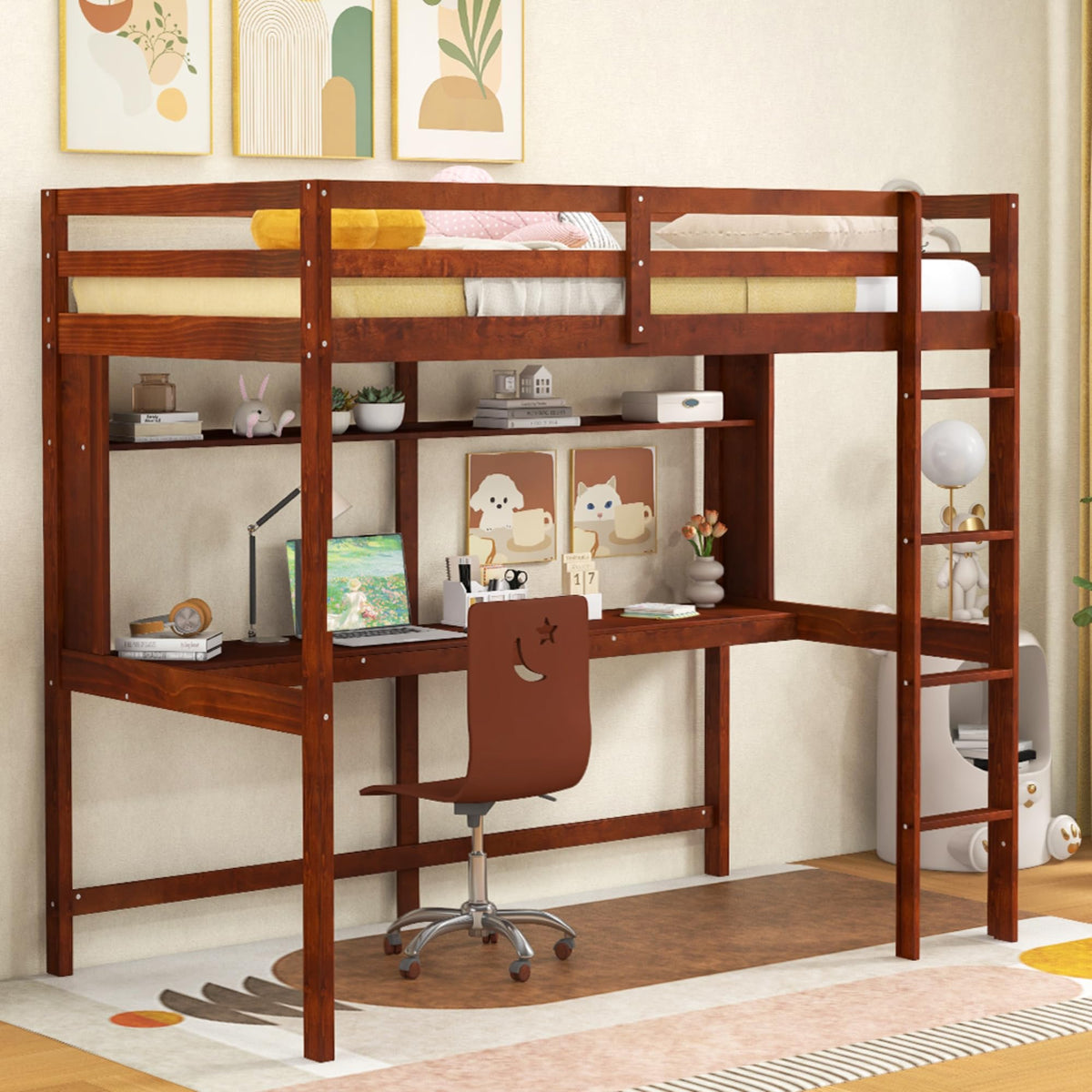 KOMFOTT Twin Loft Bed with Desk, Wood Loft Beds for Kids with Ladder, Solid Pine Wood Frame & Safety Guardrails, No Box Spring Needed, Space-Saving High Loft Bed Frame for Home, Dorm, Brown