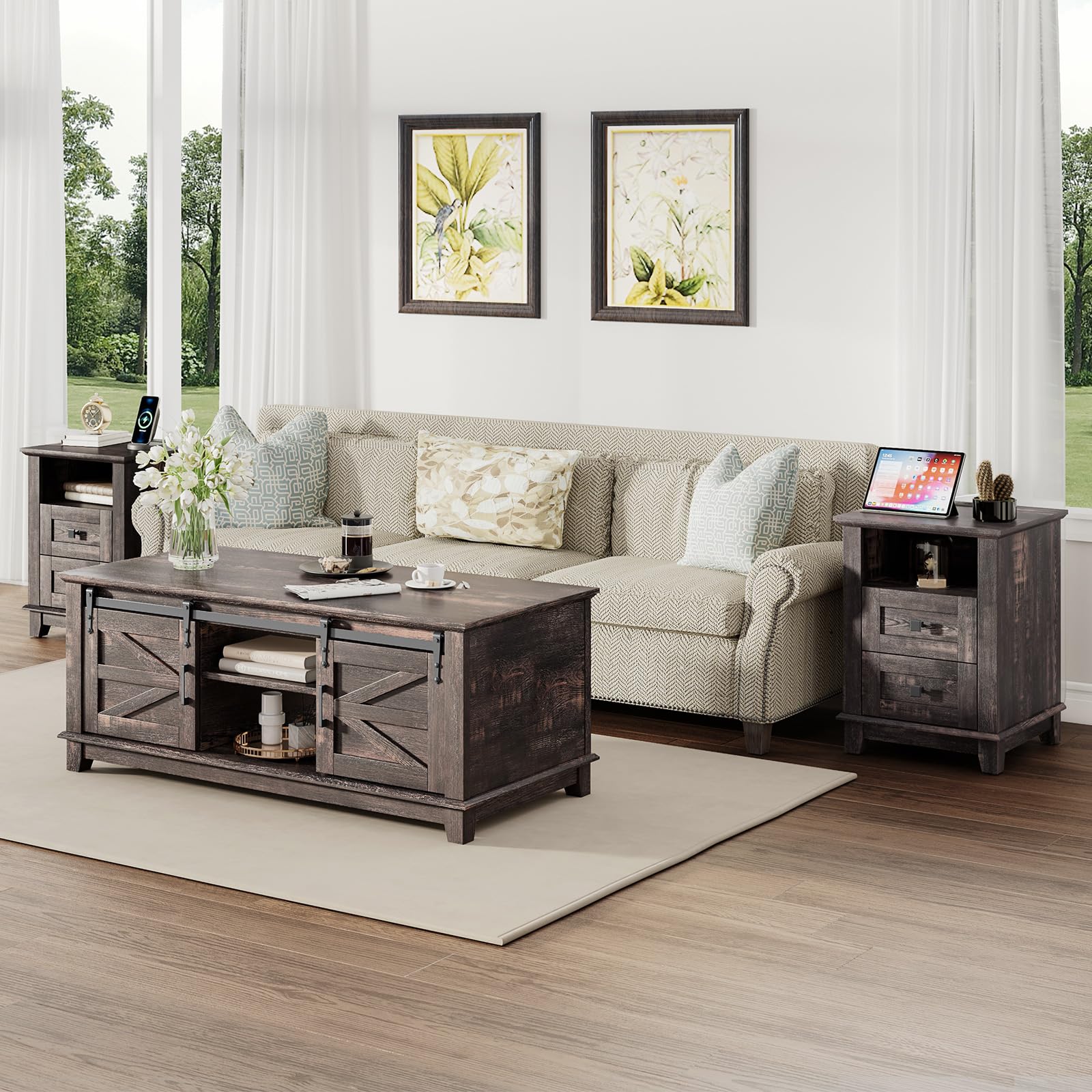 LUXOAK Farmhouse Table Set of 3, Coffee Table with Sliding Barn Doors, End Tables Set of 2 with Charging Station for Living Room & Bedroom, Sliding Barn Doors, 2 Tiers Storage Drawer, Dark Rustic Oak