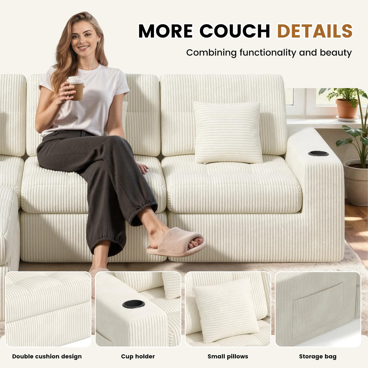 112" L Shaped Cloud Boneless Couch,Modern Modular Sectional Sofa with Layered Cushion,No Assembly Convertible Corduroy Couches for Living Room,Beige 1 PCS