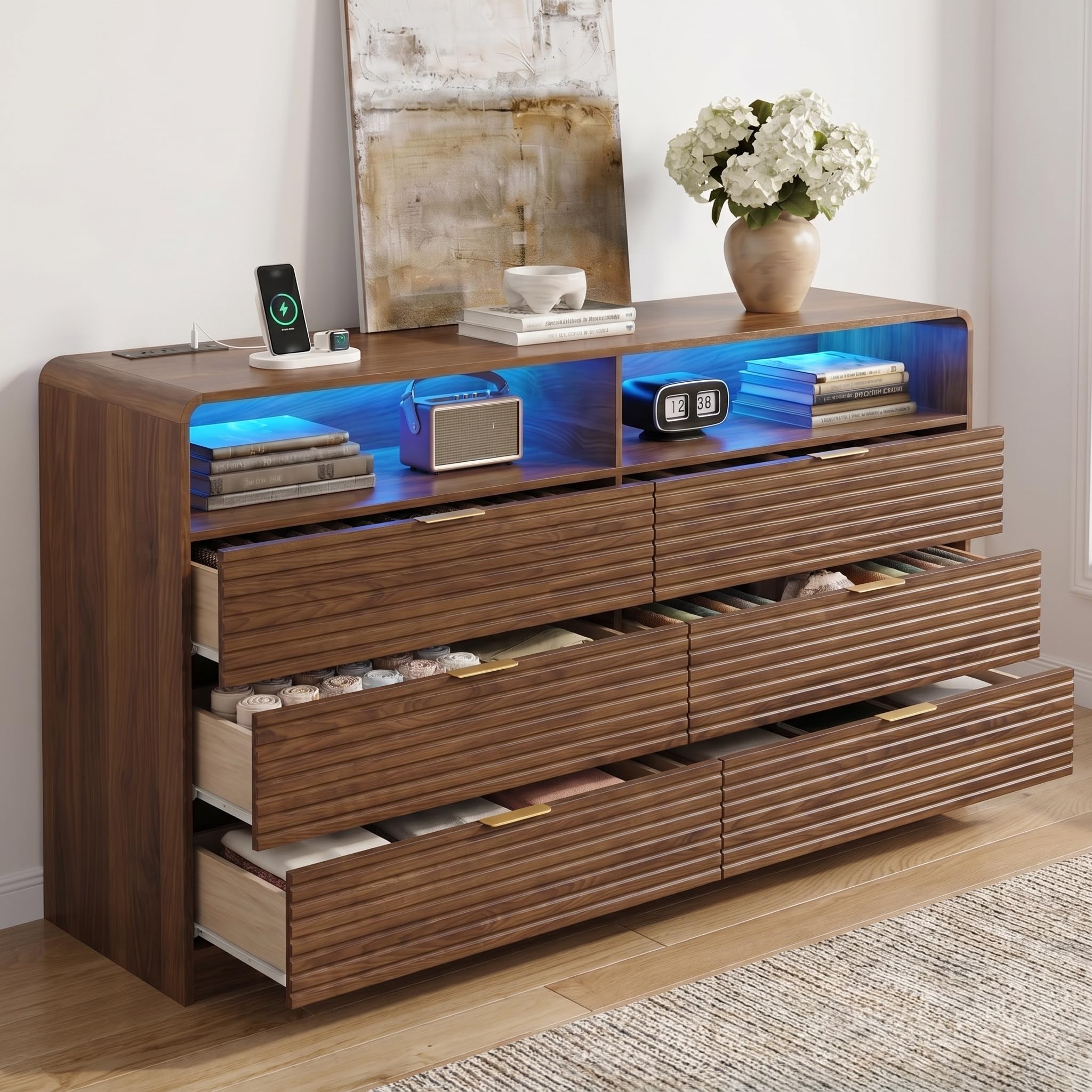 Gyfimoie 55'' Wide Fluted 6 Drawers Dresser with 2 Cubbies, LED Dressers & Chests of Drawers with Power Outlet, Fluted Dresser for Bedroom with Rounded Corners (Walnut)