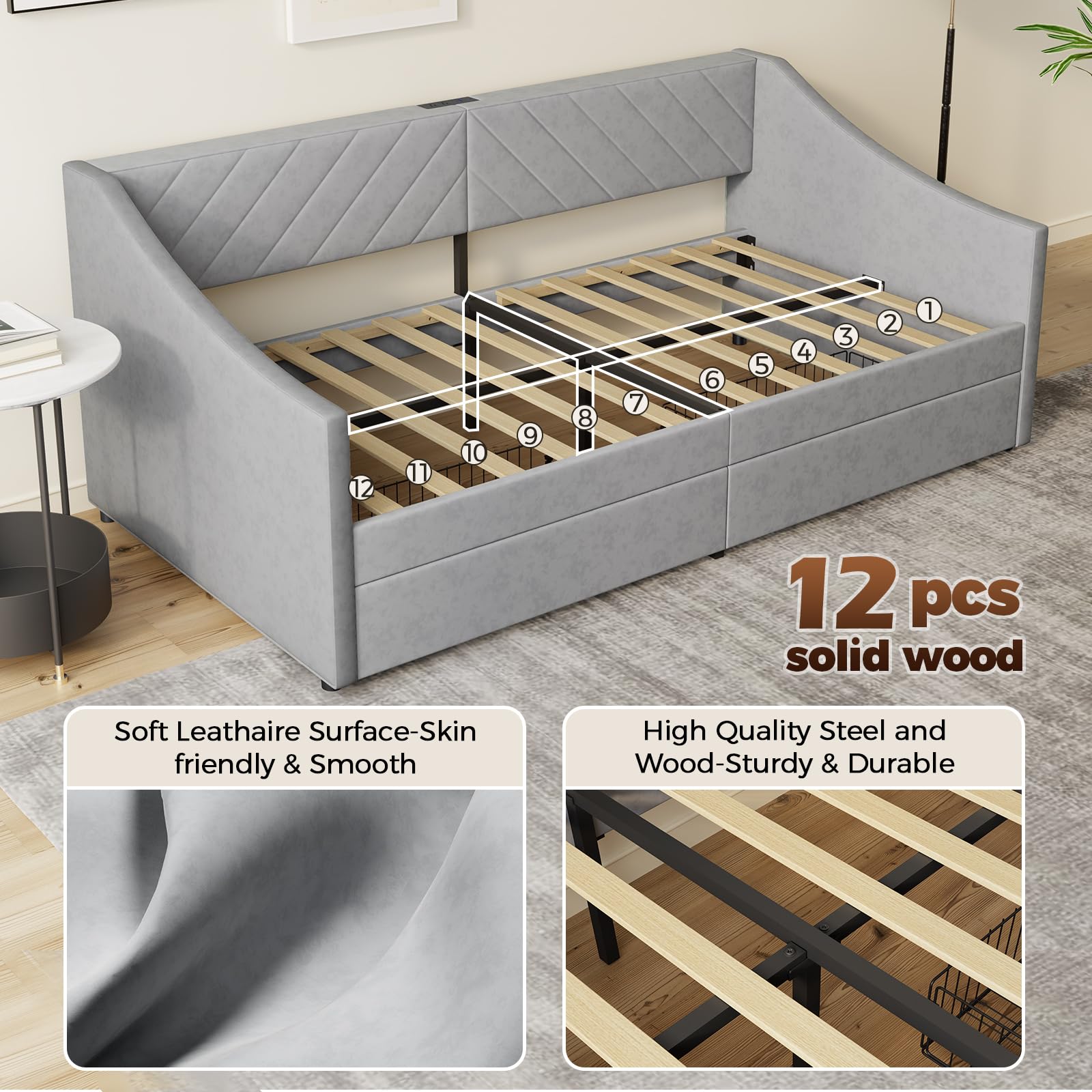 Twin Size Daybed with Storage Drawers & Charging Station
