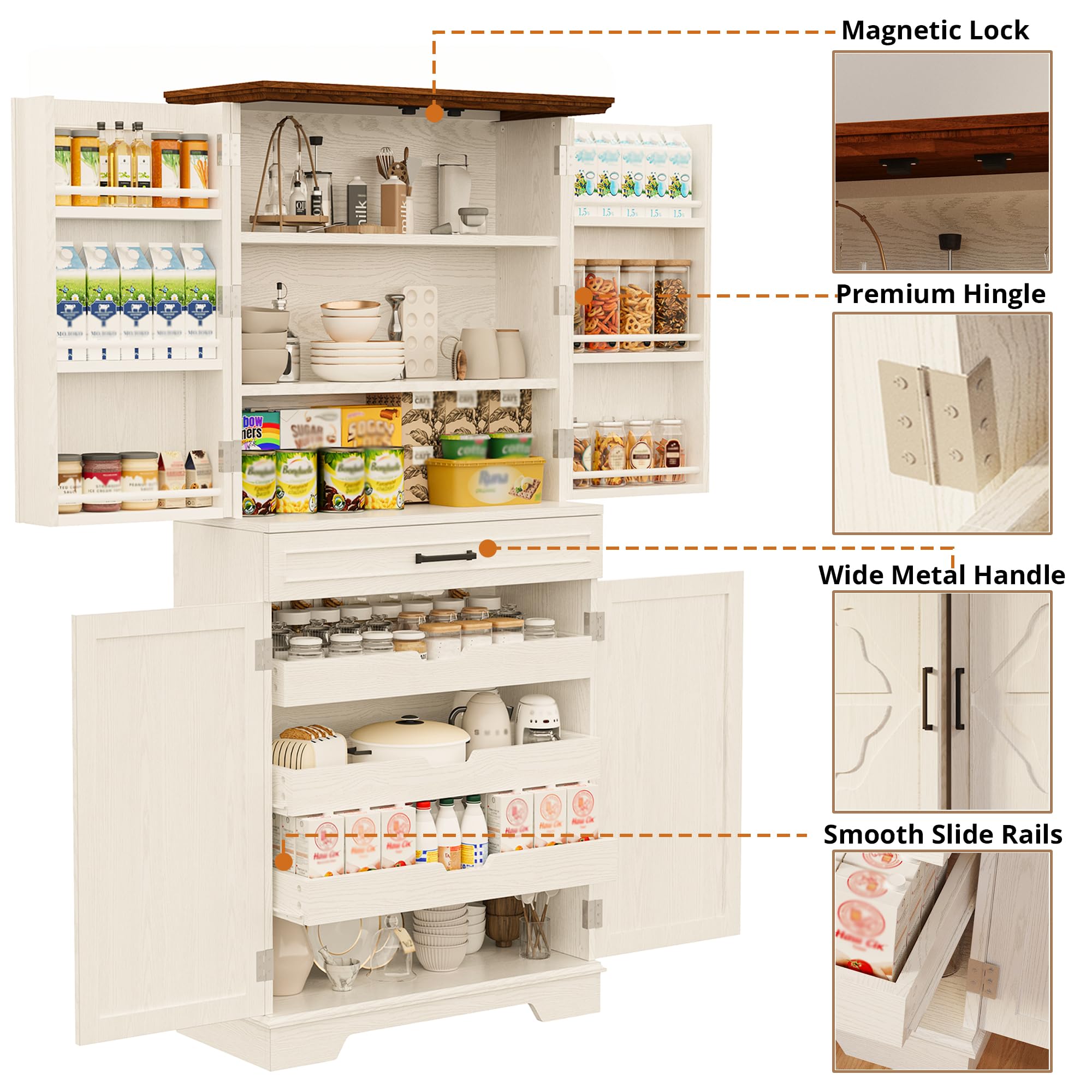 IRONCK Farmhouse Pantry Cabinet, 72" Tall Kitchen Storage Cabinet, Freestanding Cupboard with Sliding Rack & 6 Hanging Shelves,Kitchen Pantry Furniture for Dining Room, Easy Assembly, White