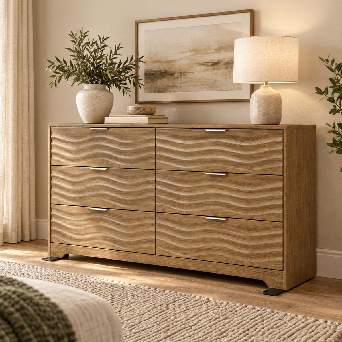 MALOL 55" Wide Coastline Fluted 6 Drawers Dresser for Bedroom,Walnut