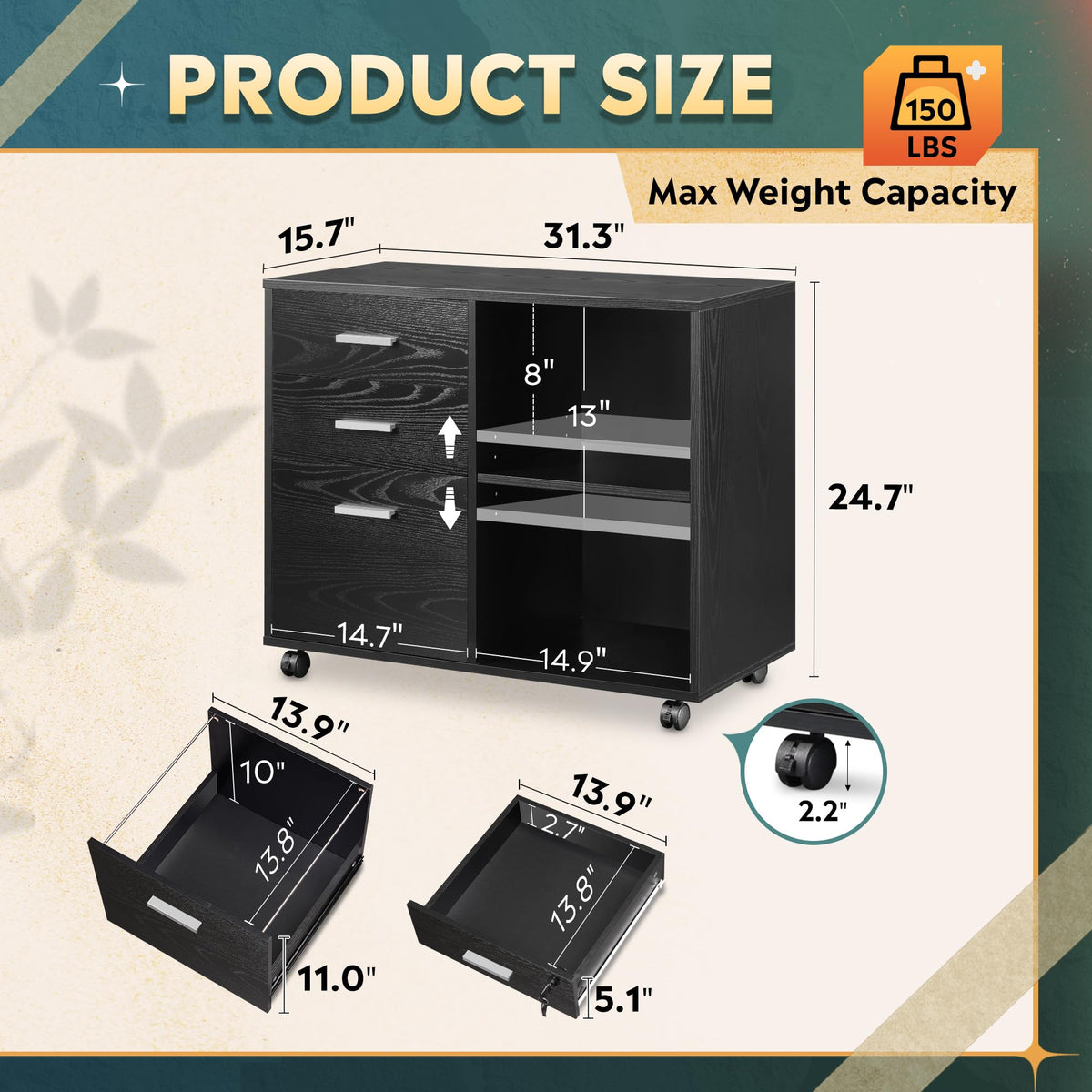3-Drawer Mobile File Cabinet