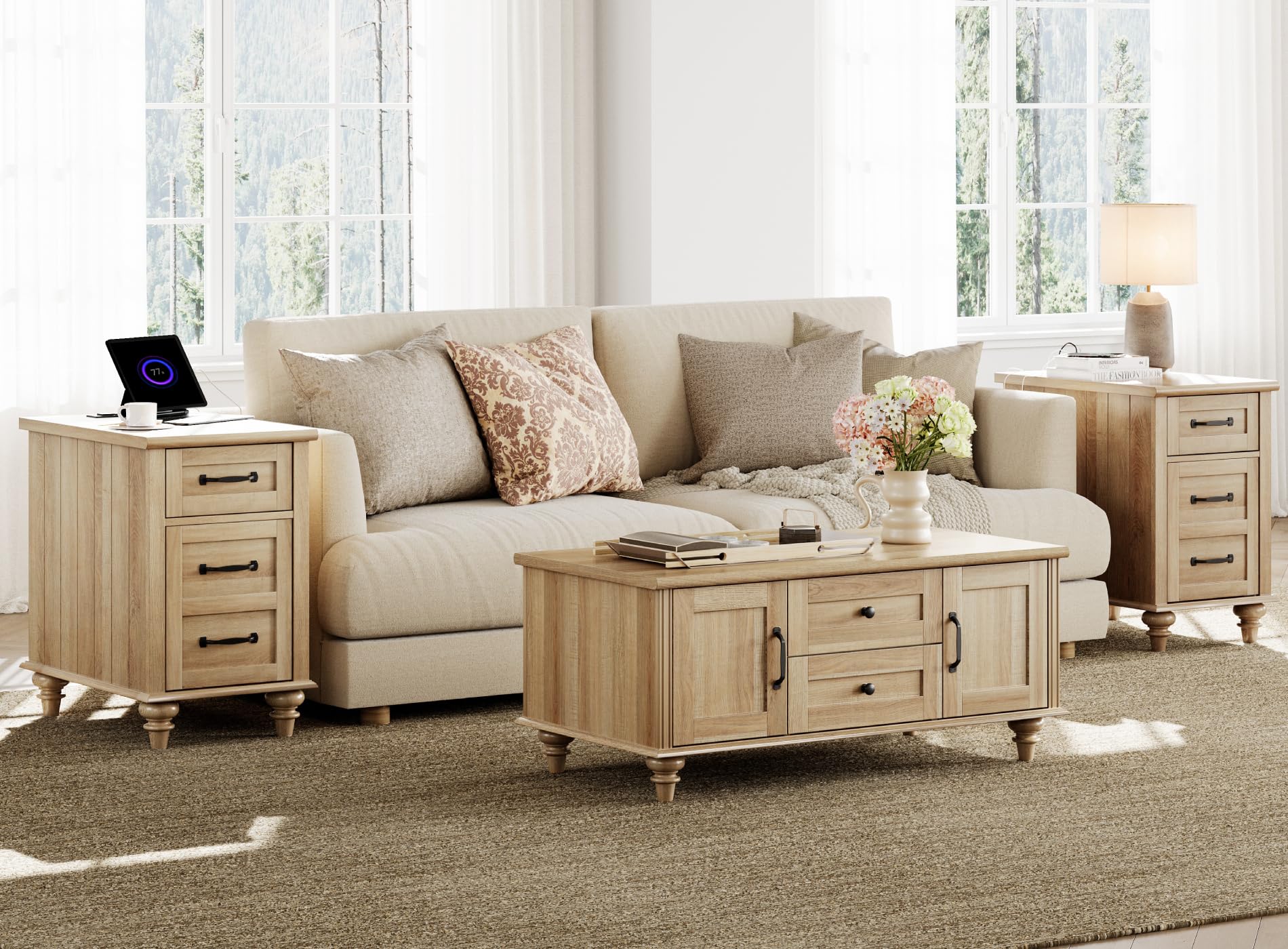 3-Piece Farmhouse Coffee & End Table Set with Charging Station