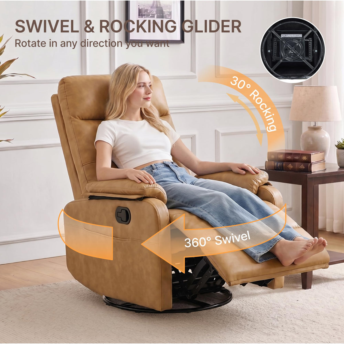 KISLOT Compact Manual Swivel Recliner with Cup Holder, 360° Rotating Armchair Gentle Sway Living Room Chair with Foldable Tray Table Dual Cup Holders for Small Spaces