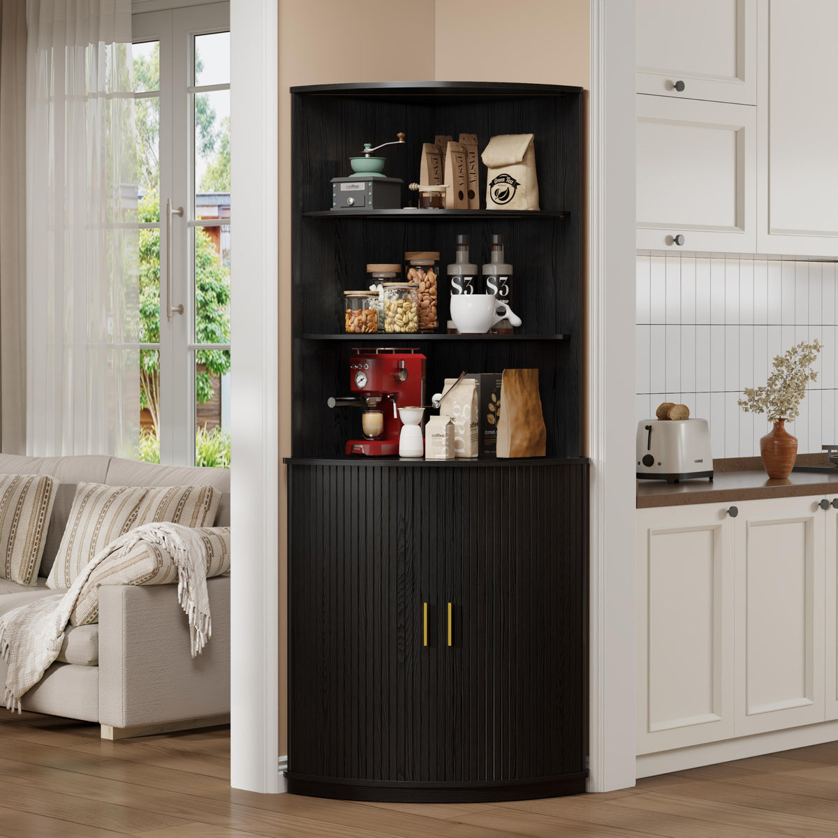 DHH 71" Tall Corner Bar Cabinet with LED Light & Wine Glass Holder(Black)