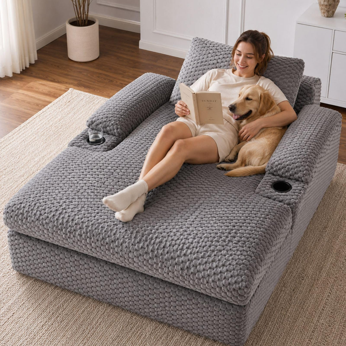 Karl home 59.8" Chaise Lounge Chair Indoor,20.1" Deep Seat,Gray