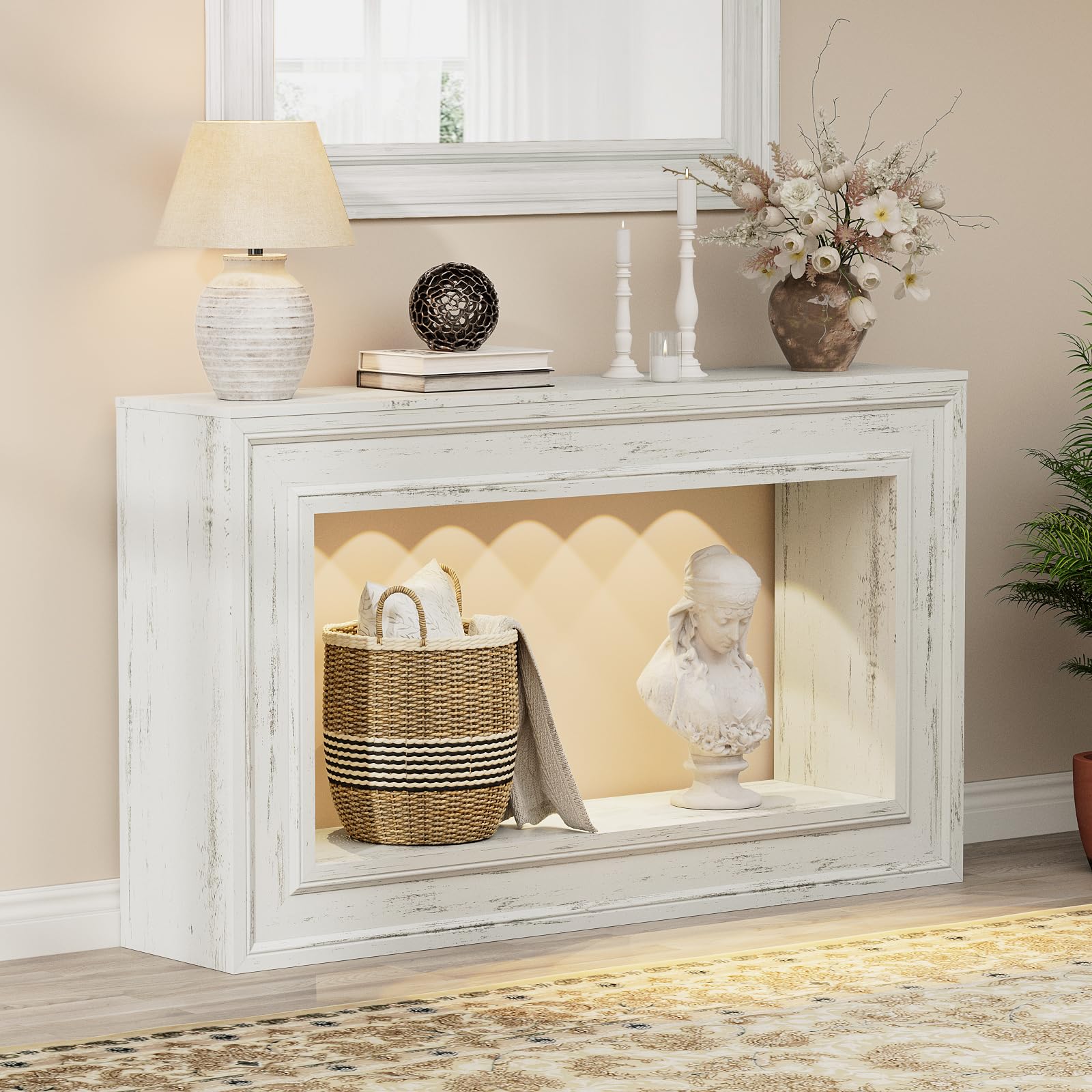 Rresyet 55" Long Console Tables with LED Lights, Narrow Console Tables for Entryway, 2-Tier Table Behind The Sofa, Modern Hallway Accent Table for Living Rooms, Corridors, and Foyers(White)