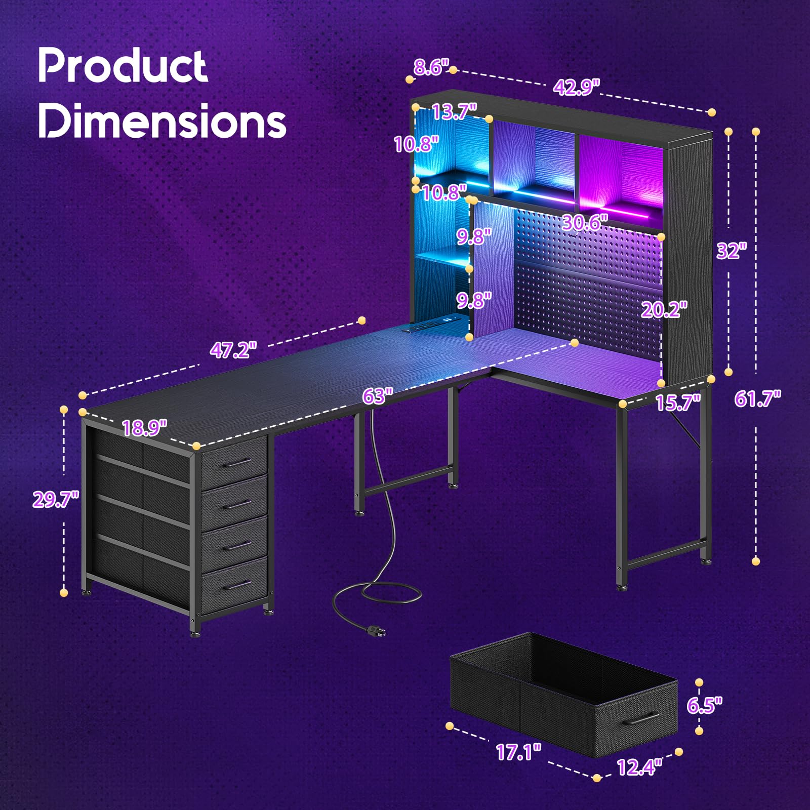 L-Shaped Gaming Desk with Hutch, Pegboard & LED Lights