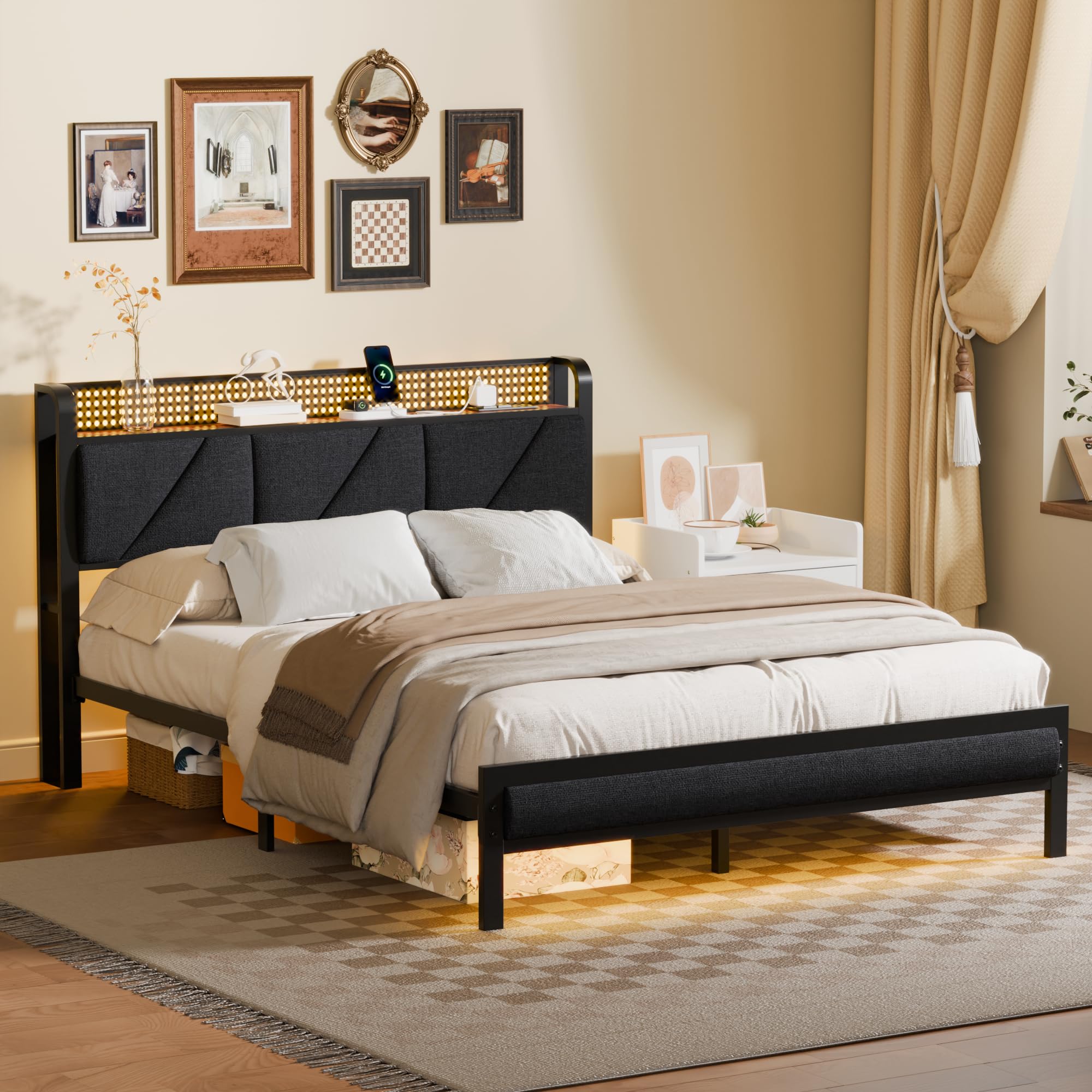 Platform Bed Frame with LED Headboard & Charging Station