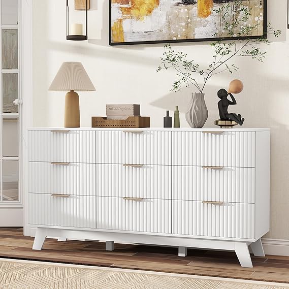 9-Drawer Fluted Dresser with Metal Handles