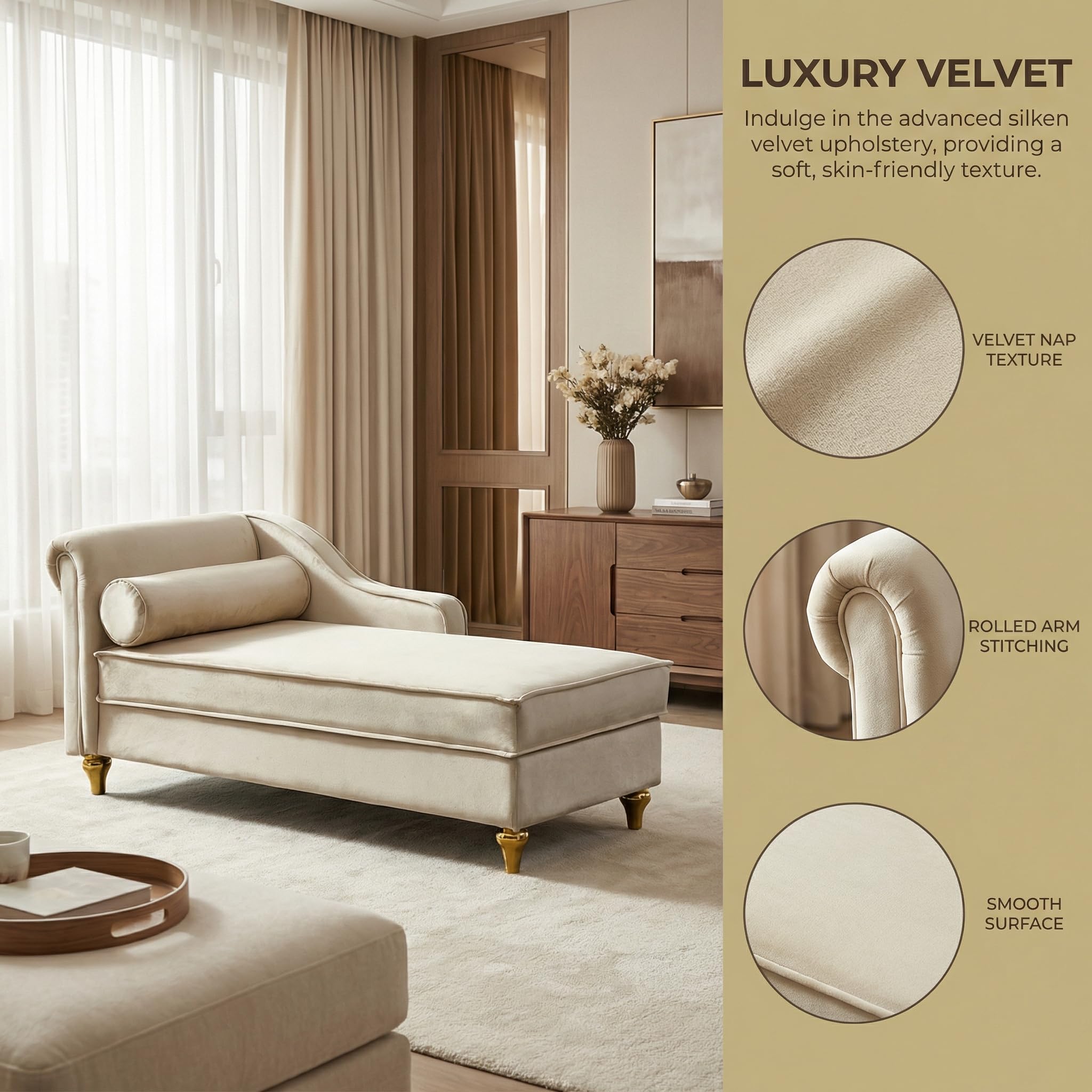 MYEYPEL 60.6''Velvet Chaise Lounge Indoor, Modern Velvet Lounge Chair with Left Armrest & Lumbar Pillow,Button Tufted Lounge Sofa with Storage for Bedroom, Living Room and Office，Beige