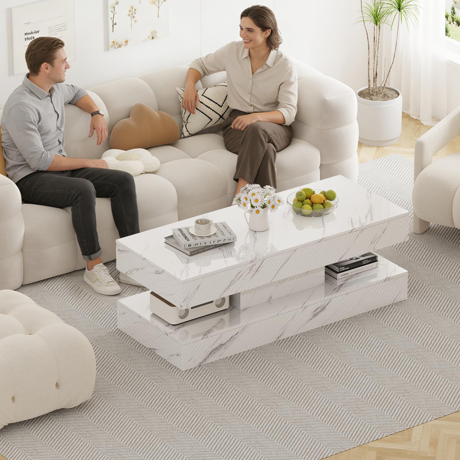 LSHUIZHU 47.2 Inch Coffee Table with LED Lights, Modern High-Gloss Open Shelf Design, 2-Tier Floating Center Table with Illumination, Large LED Coffee Table for Living Room(White)