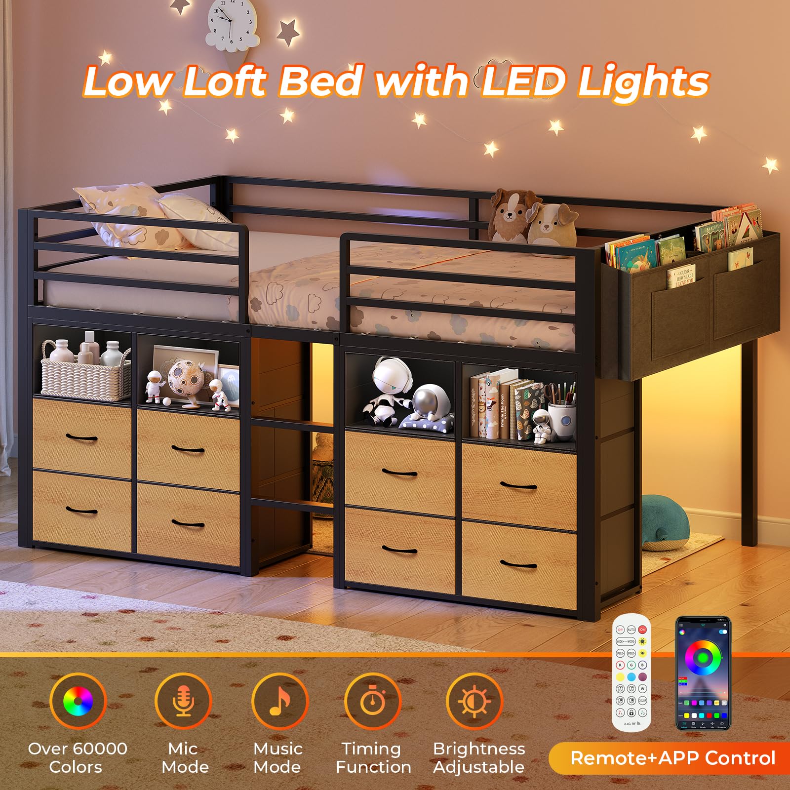 ADORNEVE Low Loft Bed Twin Size with 8 Storage Drawers, Twin Loft Bed with Bookcase and LED Lights, Metal Kids Loft Bed with 14" H Safety Guardrail, Under-Bed Play Space, No Box Spring Needed, Natural