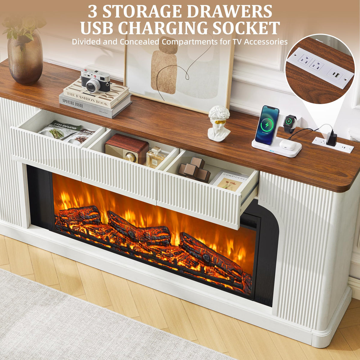 70" Fireplace TV Stand with 42'' Electric Fireplace for 65, 75, 80 inch TV