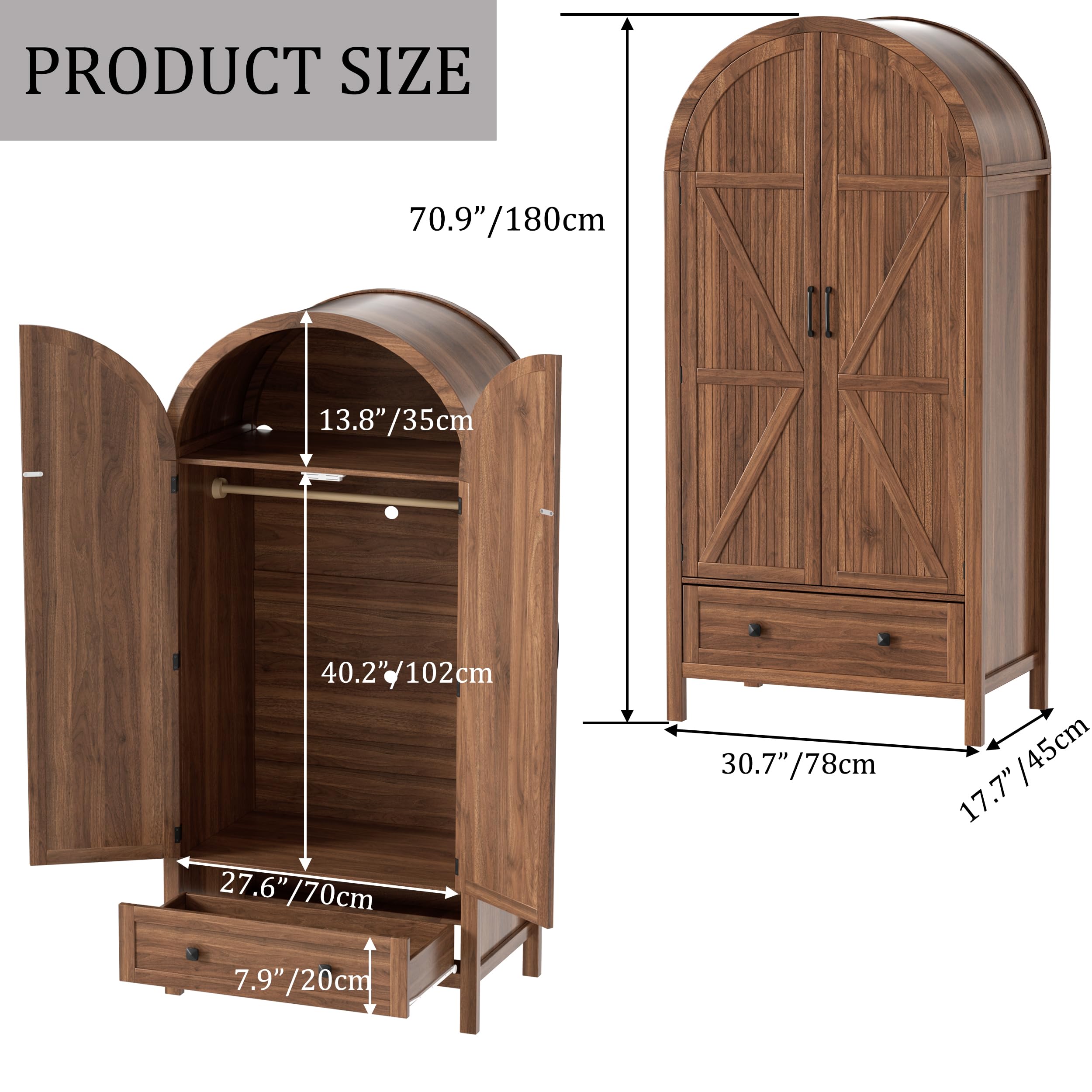PAKASEPT Armoire Wardrobe Closet with Drawers and 2 Arched Fluted Doors, 70.9‘’ Tall Wooden Bedroom Armoires with LED Light & Shelves and Hanging Rod(Brown)