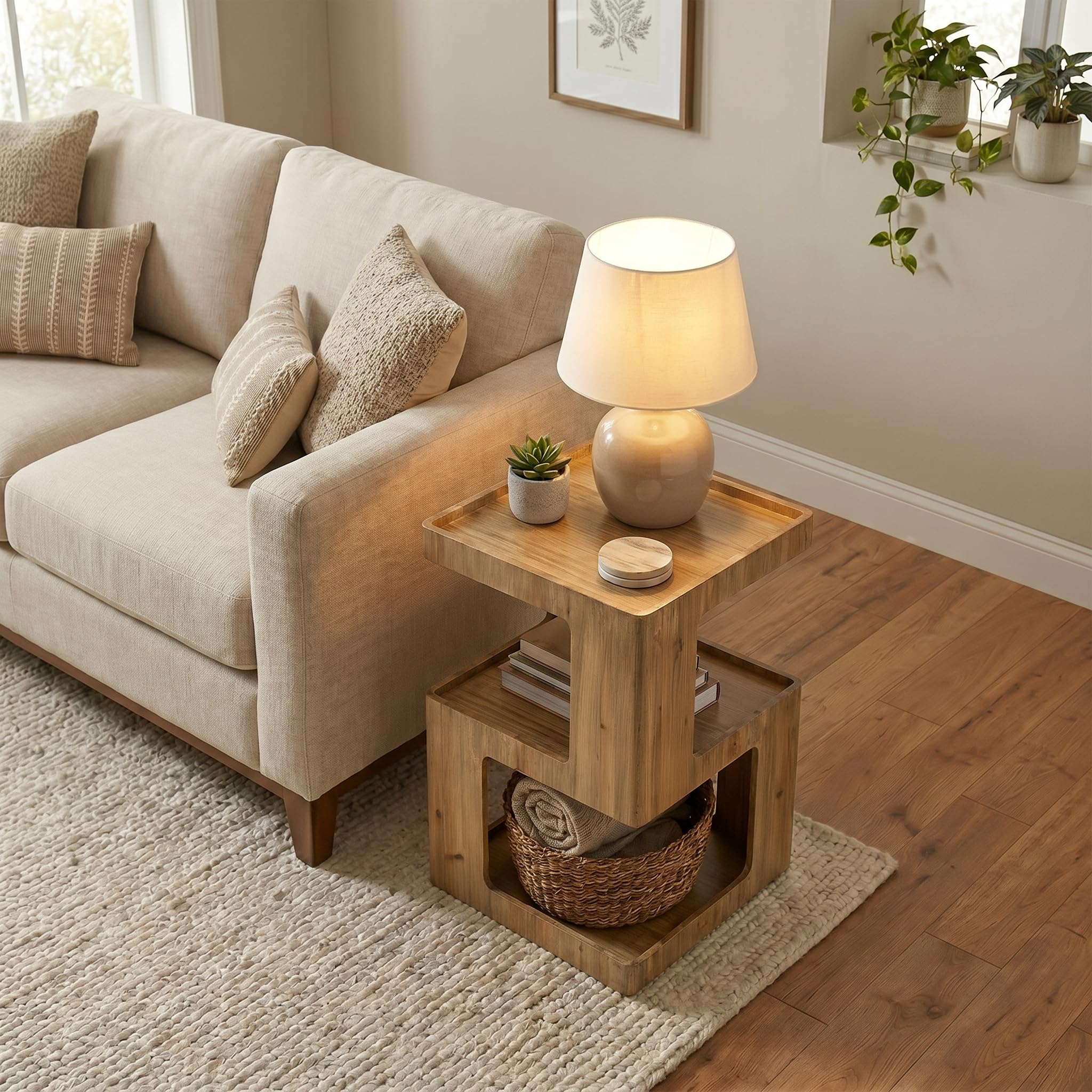 Geometric Wood End Table – 3-Tier Open Shelf