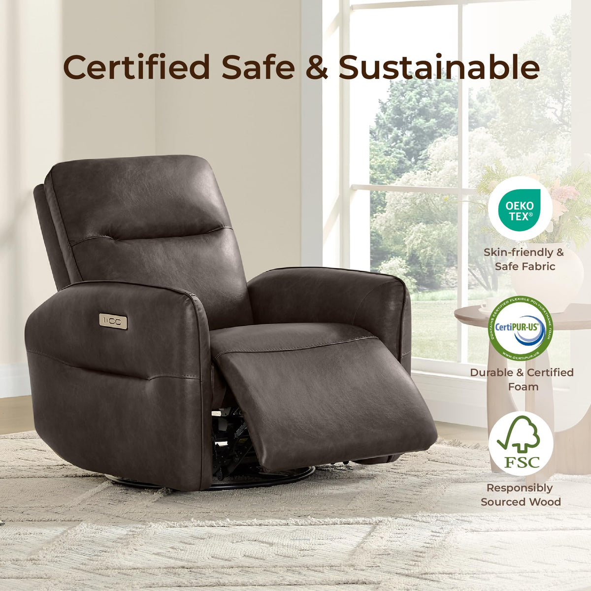 CHITA Faux Leather Power Recliner Chair, Swivel Glider, Chocolate Brown