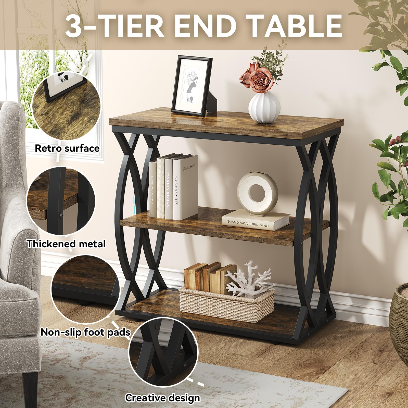 3-Tier Rustic Side Table with Metal Frame