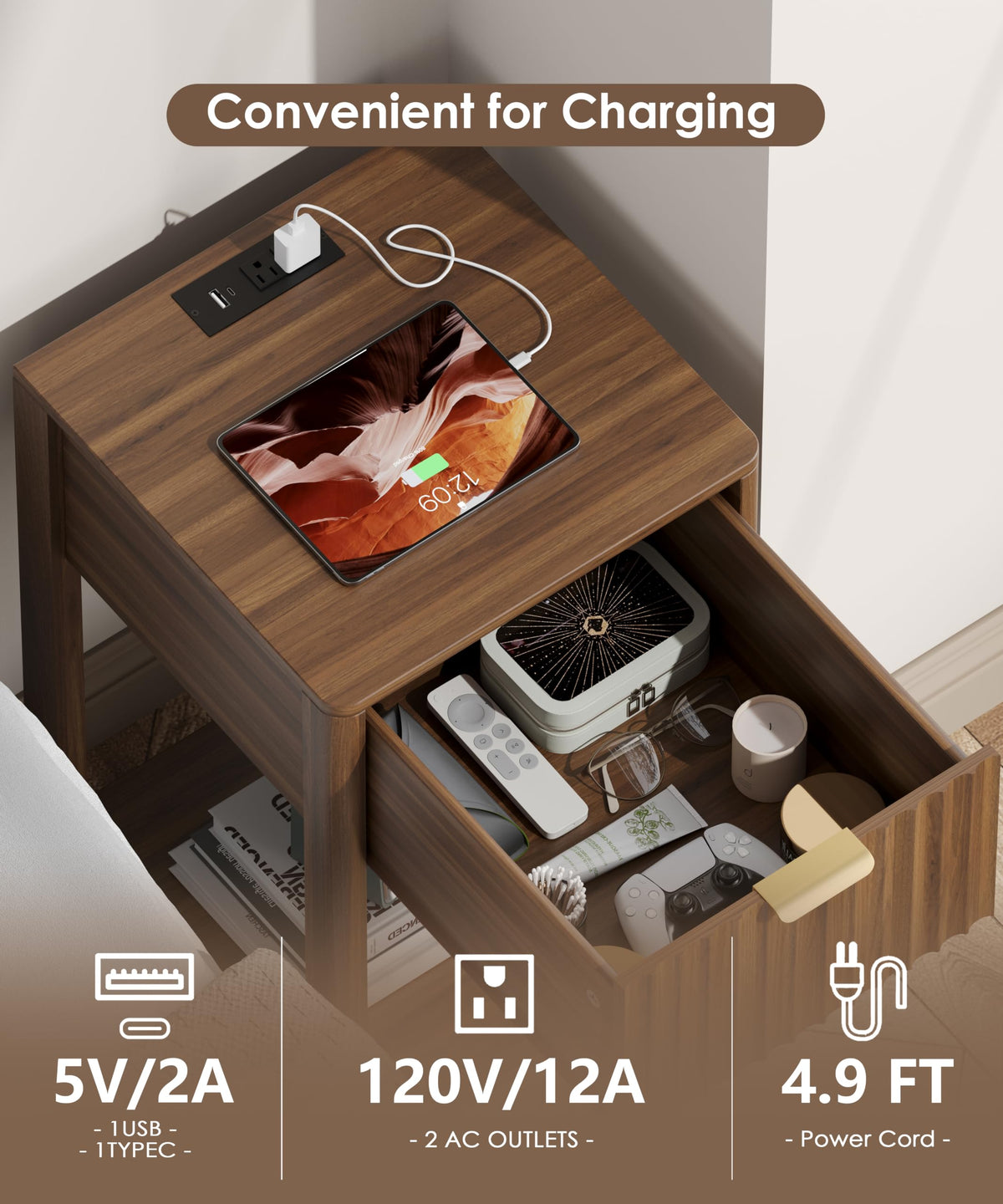 Akxomel Nightstand Set 2 with Charging Station Fluted Bedside Table Walnut