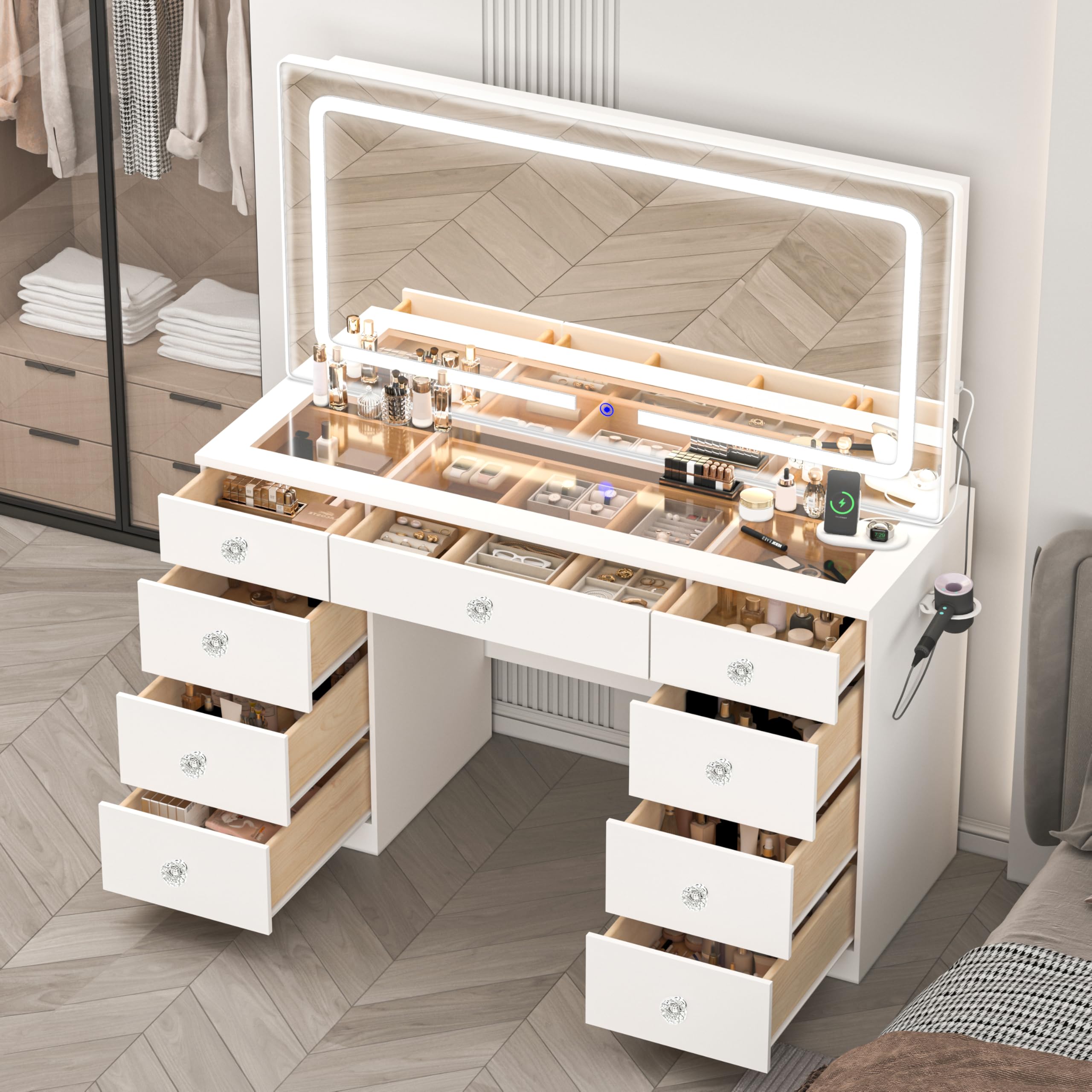 JassmiPkwy 46 INCH Makeup Vanity Desk with Mirror - Glass Tabletop Vanity Table with Lights, Drawers, Power Outlet, Large Storage Desk for Bedroom, White